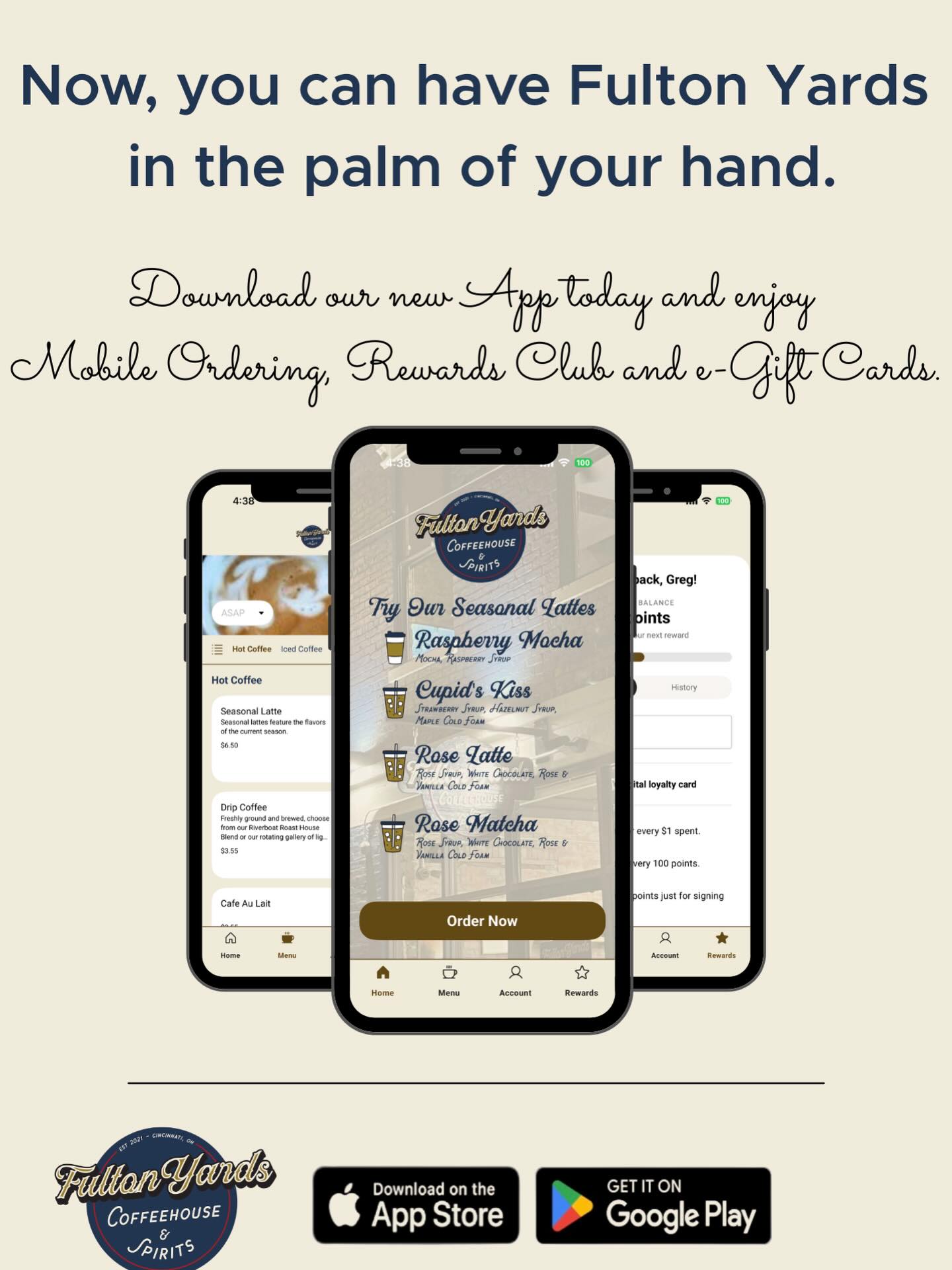Our guests have been asking and now it’s here! Mobile ordering on our new App and at fulton-yards.com starts tomorrow at 7 AM. Download the iOS app right now (Google is coming soon, but we’re not waiting!) Open your secure account powered by Toast and you can simply order, pay, earn rewards and come pick up at our Mobile Pickup station - no waiting!!