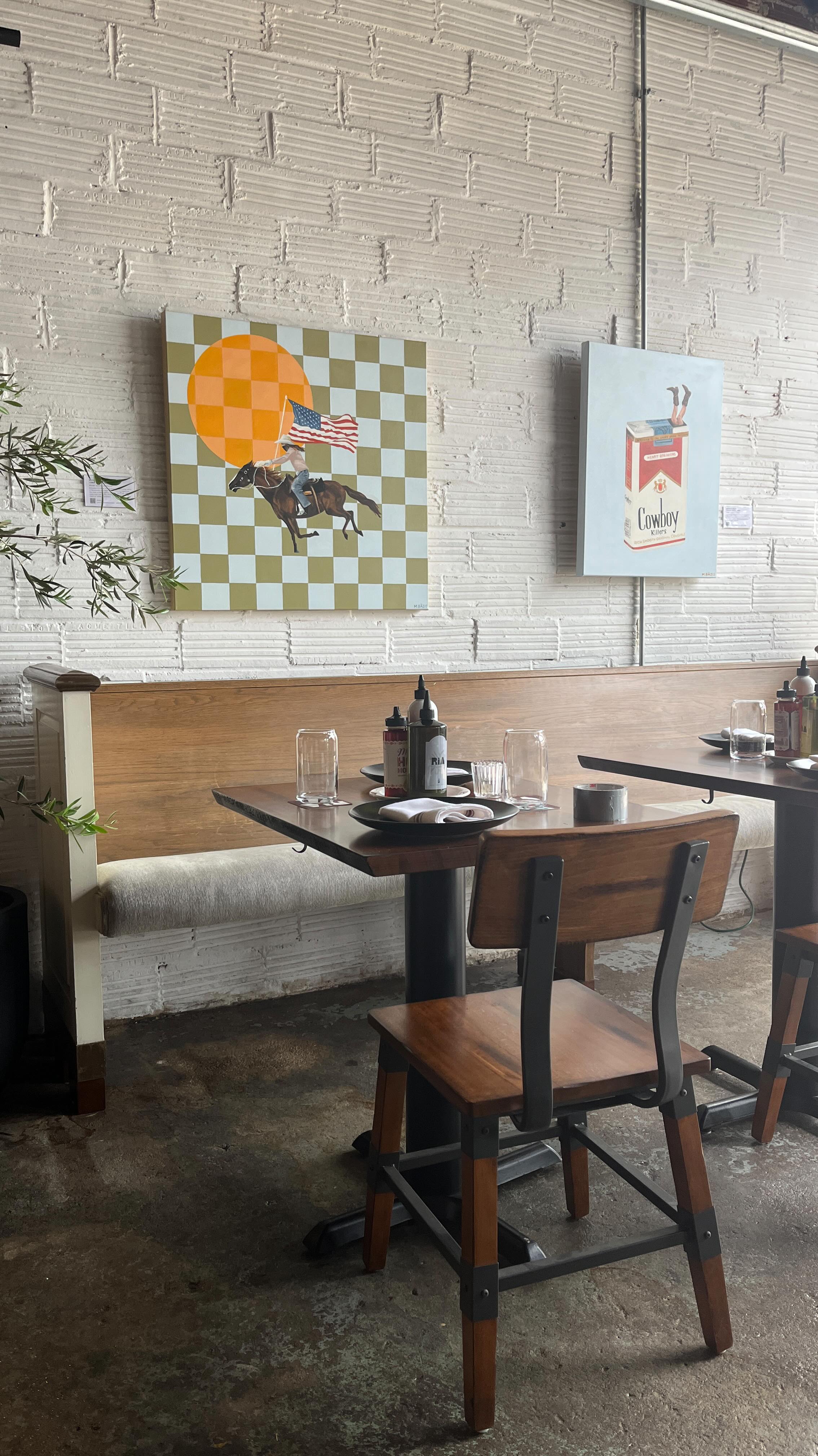 A new and exciting step in my artsy journey. 🥰 I owe my first NWA friend @megs.grand.life a huge hug for recommending my art to @jpro90 for the opening of his restaurant @riapizzas at @proofdowntown in Rogers, Arkansas.
Aside from art markets, this is the first time I’ve seen a collection of my paintings displayed in one space. I’m still finishing the biggest painting called “Bandana,” which will hang near the round family table. Once it’s done, there will be 8 original paintings hanging at Ría that have taken months of late nights and long weekends to prepare.
Ria is an elevated neo-Neapolitan pizza restaurant, currently hosting private events and expected to open to the public later this month. I hope you love the art half as much as I love João’s food. I’ve also been told Ria’s @zacksatool makes “the best espresso martinis in NWA.” 👀