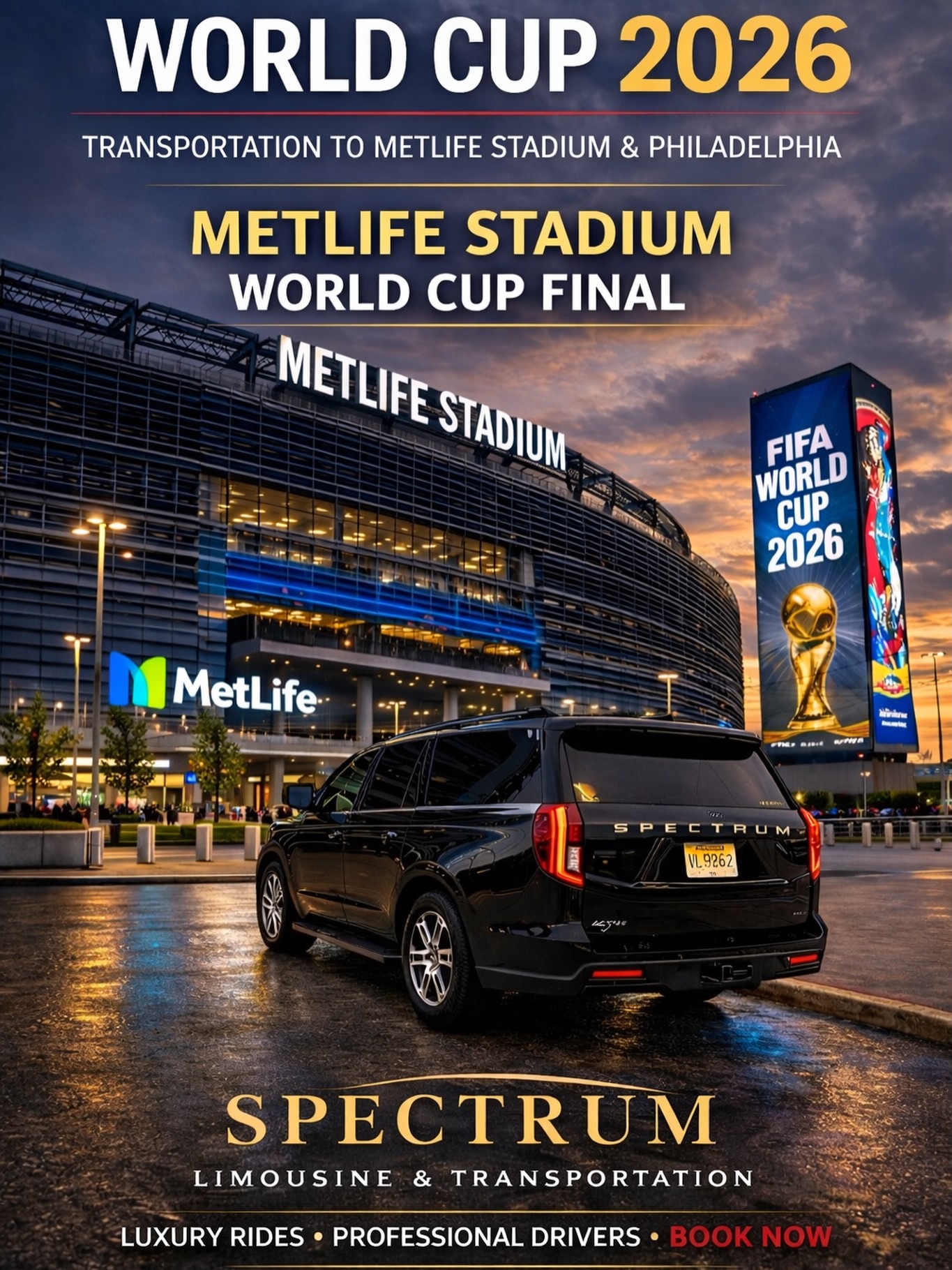 WORLD CUP 2026 TRANSPORTATION ⚽
Looking for transportation to the 2026 FIFA World Cup games at MetLife Stadium or Lincoln Financial Field?
Spectrum Limousine & Transportation offers private drivers, luxury SUVs, and group transportation for World Cup matches in New Jersey and Philadelphia.
🏟 MetLife Stadium – East Rutherford, NJ
Hosting 8 matches including the FIFA World Cup Final – July 19, 2026
🏟 Lincoln Financial Field – Philadelphia
Hosting 6 matches including a Round of 16 match – July 4
Skip the traffic, parking stress, and crowded trains.
Arrive at the World Cup in comfort with professional transportation.
✔ Luxury SUVs
✔ Airport pickups (JFK • Newark • LaGuardia • Philadelphia)
✔ Group transportation
✔ Stadium drop-offs
⚽ Book your World Cup transportation early — demand will be extremely high.
#WorldCup2026 #FIFAWorldCup2026 #MetLifeStadium #MetLifeStadiumEvents #LincolnFinancialField