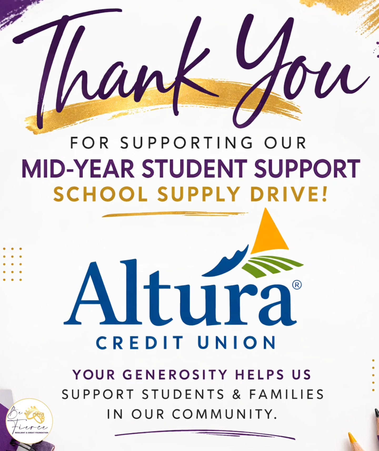 Thank you to Altura Credit Union for supporting our Mid-Year Student Support School Supply Drive! 💜💛
Your generosity helps us provide backpacks, school supplies, and snacks to local students in our community.
We appreciate your commitment to supporting youth and families.
@alturacu #CommunitySupport #BFRGFoundation #SchoolSupplyDrive #SanBernardino #Riverside