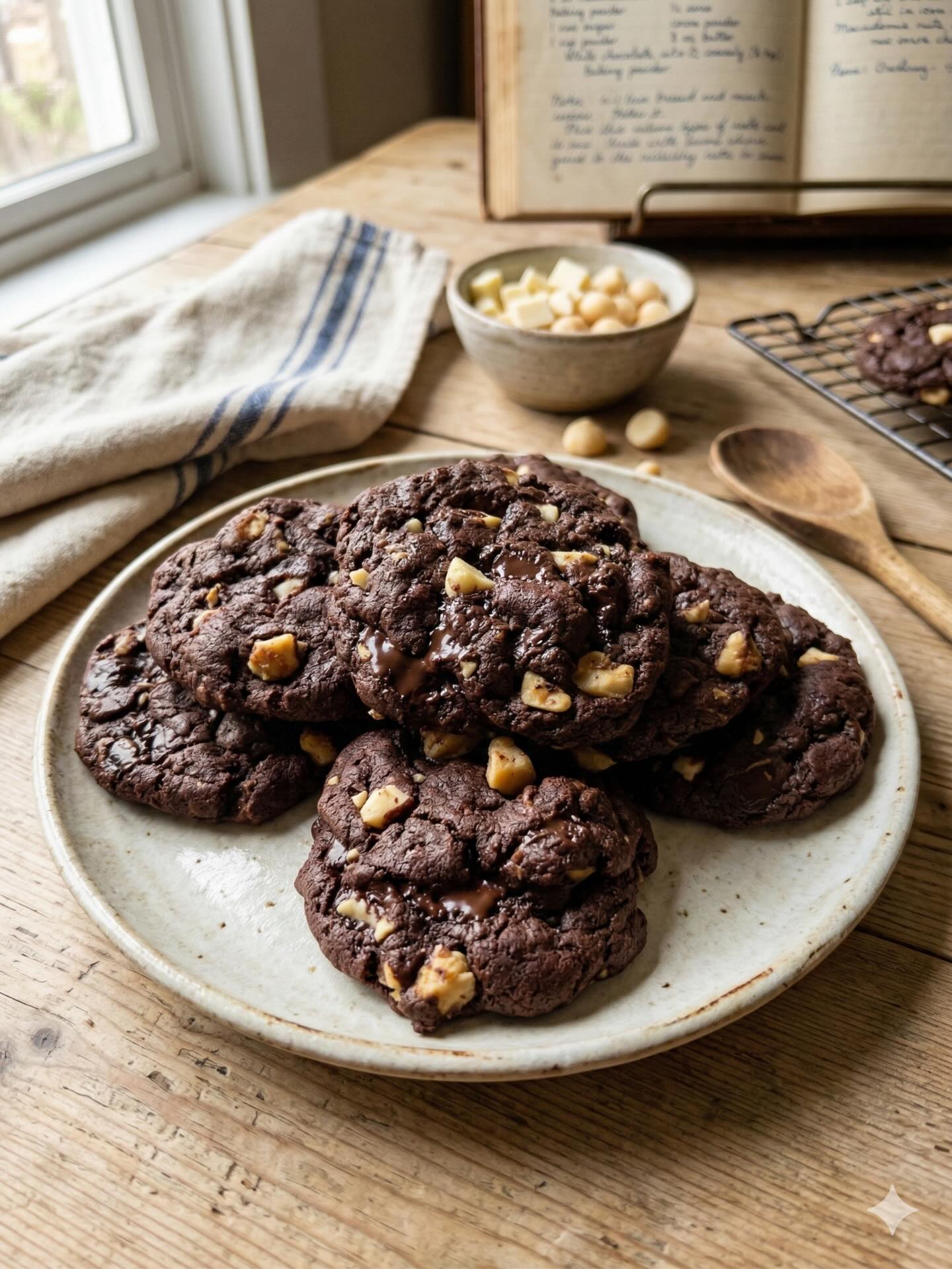 The most important “connection” in a home isn’t found through a Wi-Fi signal, but around the kitchen table. In a world full of digital distractions, taking an hour to unplug and bake together is a simple, meaningful way to return to what matters most: family and tradition. The Recipe: Double Chocolate Macadamia Chunk Cookies
The Ingredients
• Semisweet chocolate: 1 lb 8 oz (680 g)
• Butter: 8 oz (228 g)
• Sugar: 4 oz (113 g)
• Eggs: 5 oz (143 g)
• Salt: 0.20 oz or ¾ tsp (6 g)
• Bread flour: 12 oz (340 g)
• Cocoa powder: 1 oz (27 g)
• Baking powder: 0.33 oz or 2 tsp (9.5 g)
• White chocolate (cut into bits): 8 oz (227 g)
• Macadamia nuts (coarsely chopped): 4 oz (113 g)
The Procedure
1. Melt: Melt the semisweet chocolate and butter together in a double boiler. Let the mixture cool to room temperature.
2. Mix: Mix the sugar, eggs, and salt together until well blended (do not whip).
3. Combine: Blend the melted chocolate mixture into the egg mixture.
4. Sift & Fold: Sift the bread flour, cocoa powder, and baking powder together, then fold them into the wet ingredients.
5. Final Additions: Fold in the white chocolate pieces and nuts.
6. Bake: Use the “drop method” on greased or parchment-lined sheets. Flatten to your desired thickness. Bake at 350°F (175°C) for 10–15 minutes.
A Tip for Beginners: This dough hardens as it sets, so it is best to make the cookies up without delay. If it becomes too hard to scoop, let it stand in a warm place for a few minutes to soften. #EaseCake, #BackToTheTable, #TheCenterOfTheHousehold, #TraditionInTheMaking, #SlowHomemaking, FromScratchBaking, TraditionalValues, SelfReliantLiving, HomemadeHeritage, UnplugAndBake, DigitalDetox, FamilyBakingDay, KitchenMemories, BakingWithKids, PremiumBaking, RetroKitchen, DoubleChocolateMacadamia, CookieMastery, BakingTradition