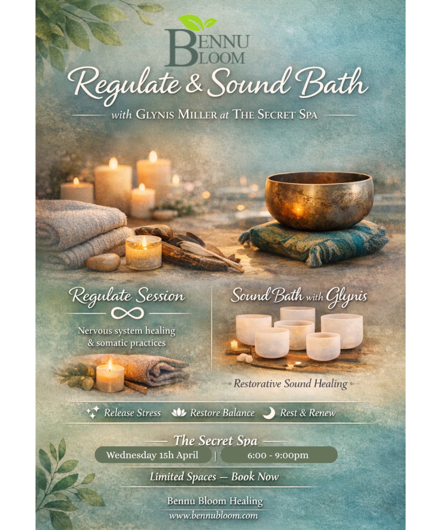 🌿 ♾️ Regulate & Restore ♾️🌿
An Evening of Calm & Nervous System Reset
Join @bennubloomhealing and Glynis Miller at @thesecretspani for a deeply calming evening, designed to help your body release stress and return to balance.
We begin with a ♾️Regulate♾️ with TRE session, a gentle, trauma-informed practice that supports the nervous system to move from tension to calm.
Through meditation, grounding, guided somatic release, breath and simple body-based techniques, you’ll learn how to soften patterns of stress and reconnect with a sense of safety in your body.
Following this, Glynis Miller will guide you into a restorative sound bath, allowing the vibrations of crystal bowls and soothing tones to deepen relaxation and integration.
✨ Release stress, anxiety and stored tension
✨ Settle and regulate your nervous system
✨ Rest deeply in a safe, supportive space
This is a quiet, nourishing evening for anyone feeling overwhelmed, carrying tension, or simply needing time to reconnect and reset.
📍 The Secret Spa
🗓 Wednesday 15th April
⏰ 6:00 to 9:00 pm
👩❤️💋👩 £33 per person
🎟 Limited spaces available
To book please contact Bennu Bloom Healing.
Allow your body to soften, release and return to balance. 🌿