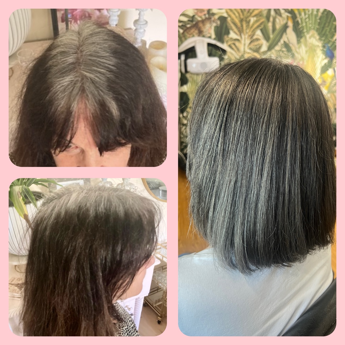 “I have tons of gray, been coloring it forever, I’m curious about blending but I don’t know where to start!”
.
“ I don’t know what I want”
.
“What if I hate it”, or “Will I look old”
.
I hear these comments ALL the time.
They’re the perfect comments to start a conversation on what is possible with your hair color.
.
These photos are an example of how we decided to just introduce gray into her usual dark brown color.
.
Are you curious about gray blending or a gray transition?
.
Let’s talk