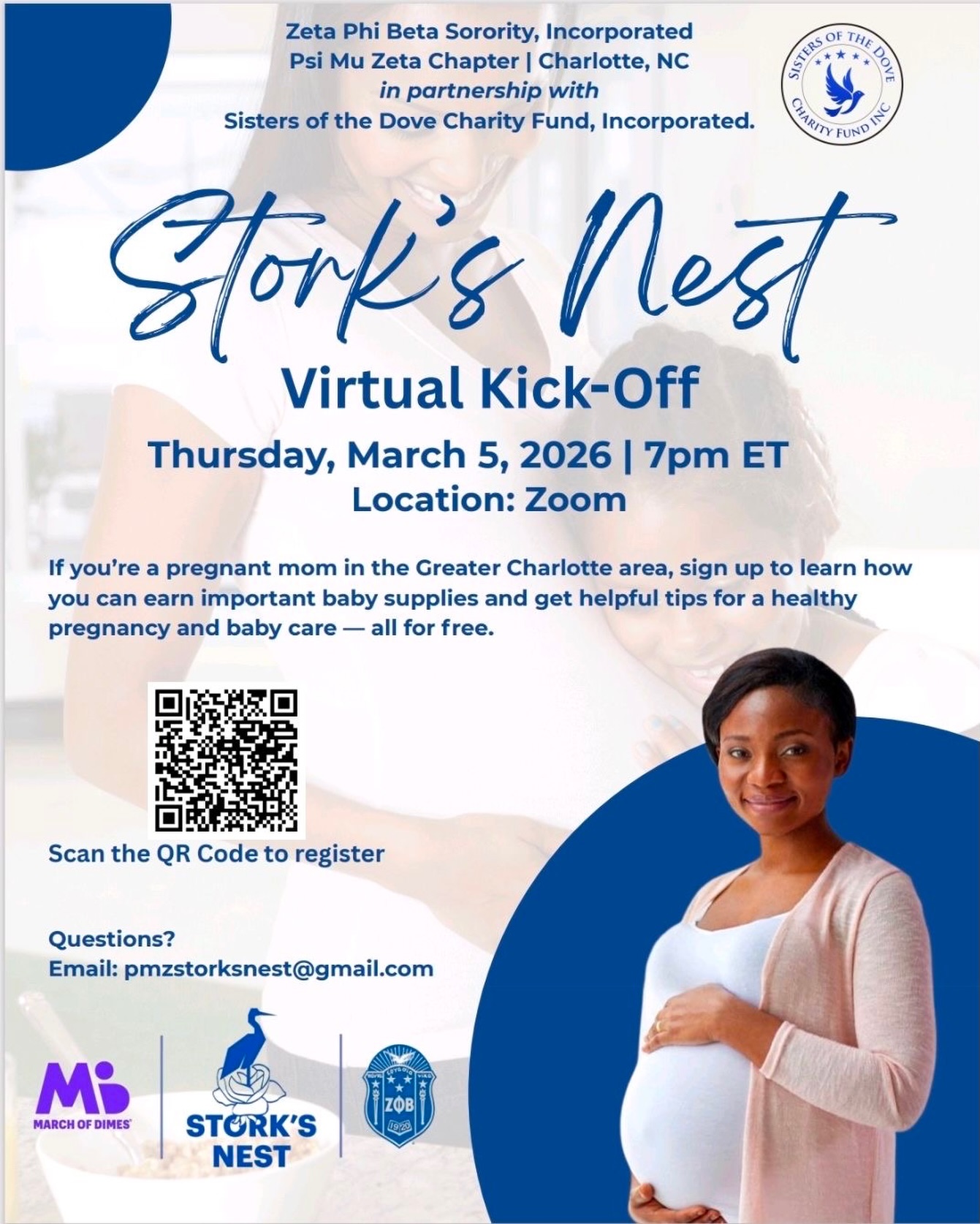 Expecting a little one? Join us TODAY, March 5th at 7 PM for our Stork’s Nest event on Zoom!
If you’re a pregnant mom in the Greater Charlotte area, sign up to discover how you can earn essential baby supplies, plus get valuable tips for a healthy pregnancy and baby care — all for FREE!
Don’t miss out on this amazing opportunity to prepare for your bundle of joy.
#zetaphibeta #psimuzeta #charlottesfinestzetas #zphib1920 #StorksNest ExpectingMoms