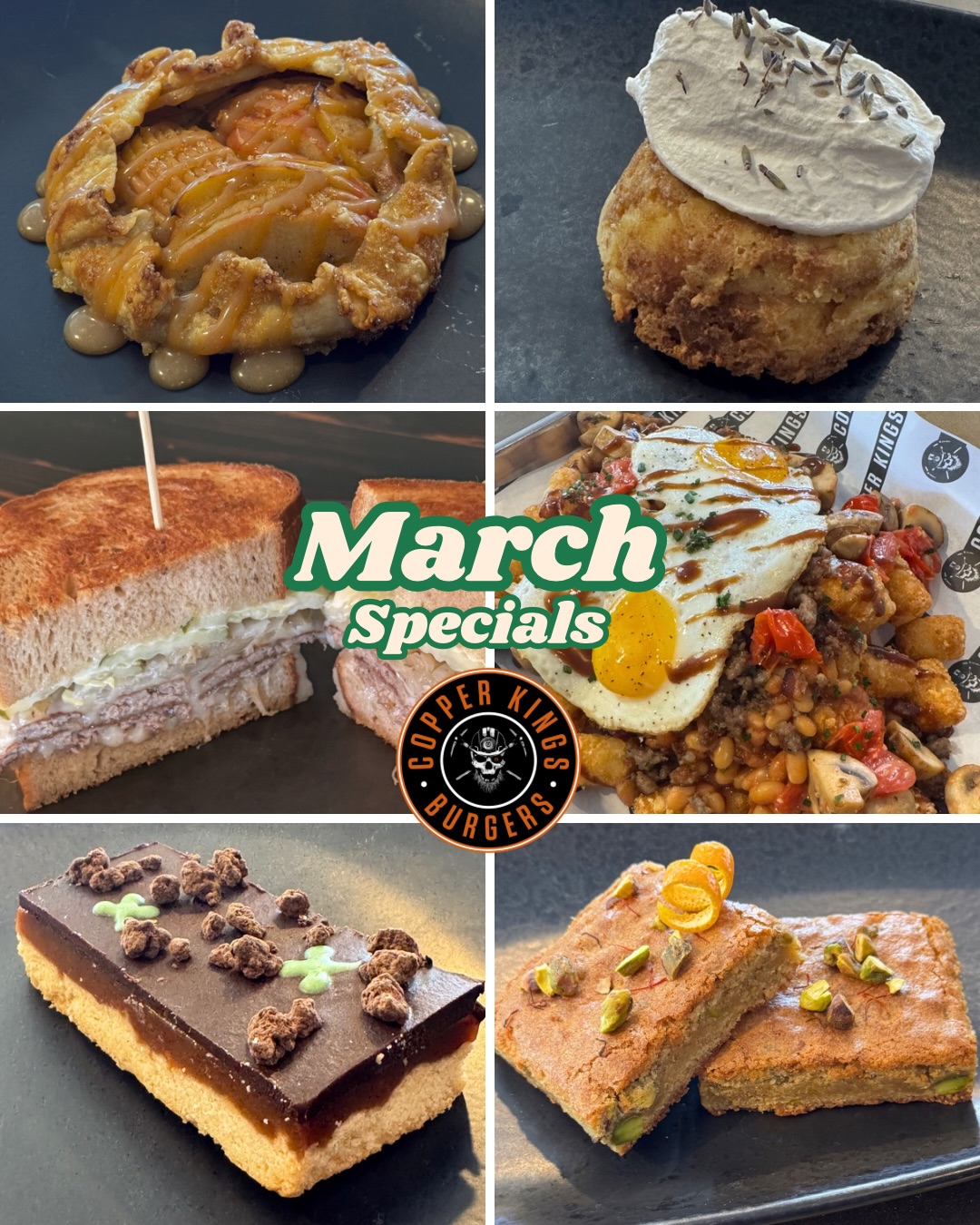 🍀✨ MARCH SPECIALS ARE HERE ✨🍔
We’re bringing the luck of the Irish to Copper Kings this month! Here's what's on deck!
🍔 St. Paddy Melt
6 ounces of house-ground beef, Swiss cheese, grilled onions, pickles, and mayo served on house baked sliced rye bread.
🥔 Tot of the Mornin’ To Ya
An Irish breakfast… on tots! House-made beans, lardons, banger sausage, sautéed mushrooms and tomatoes, and two fried eggs drizzled with HP sauce on a bed of crispy fried tater tots.
🍫 Baileys Billionaire Bar
Vanilla bean shortbread topped with Baileys butterscotch, espresso-scented dark chocolate-whiskey ganache, and chocolate crispies. Sláinte!
🍋 Spring Fling Bread Pudding
Vanilla bean and preserved lemon bread pudding. Served warm with honey-lavender whipped cream.
🍎 In-Cider Trading Tart
Browned butter and apple baked in a flaky tart crust. Served warm with apple cider-whiskey sauce.
🌸 Saffron Pistachio Blondie
Saffron-infused blondie with orange blossom water and toasted pistachios.
Available all March long! Come get lucky with us. 🍀🔥
📍Copper Kings Burgers | North County, San Diego
.
.
.
.
.
.
#copperkingsburgers