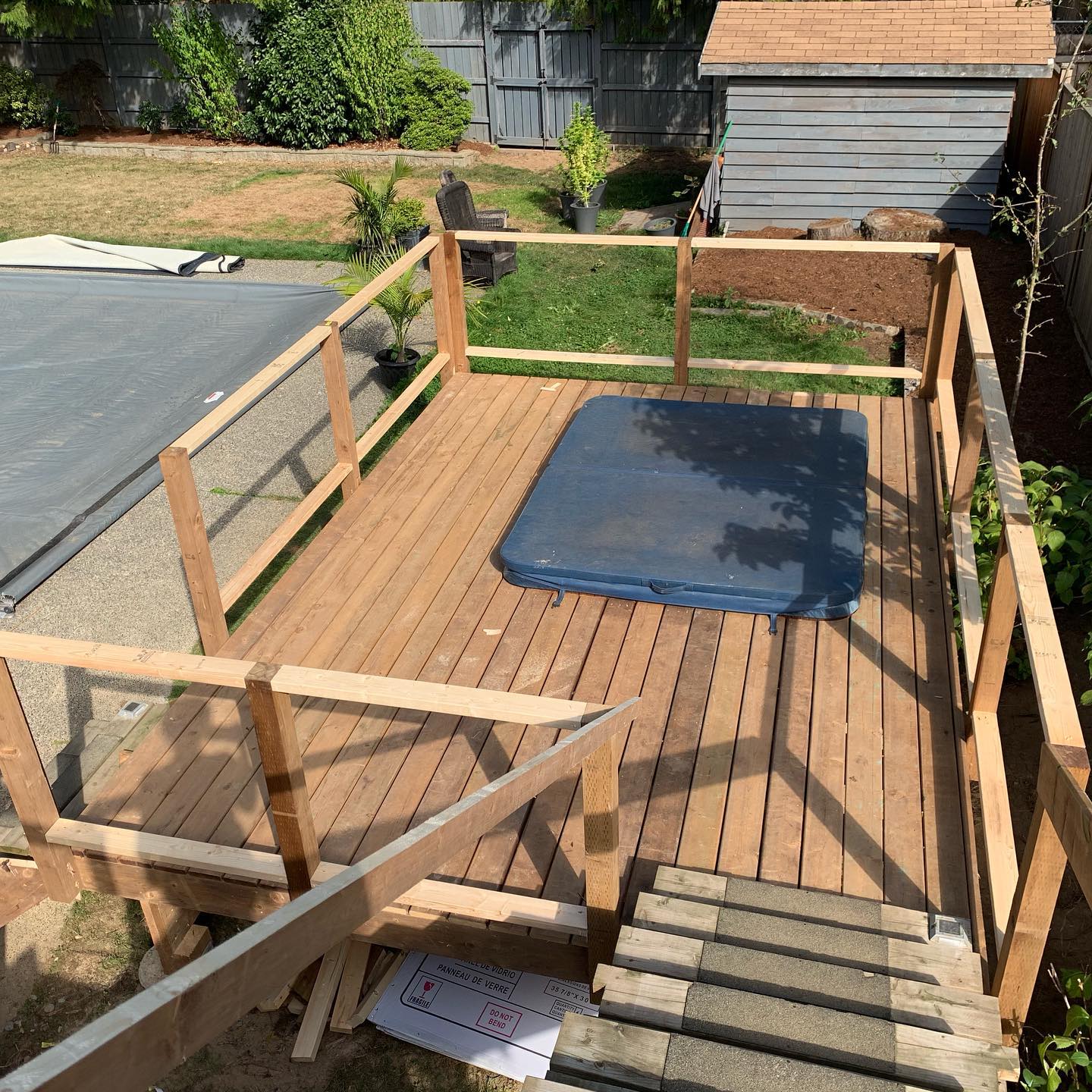This deck isn’t completely finished but it’s starting to look amazing! This client had a single level deck, they asked us to make a sunken hot tub and reuse their stairs, we made a multi level deck for them and they couldn’t be happier! 😊