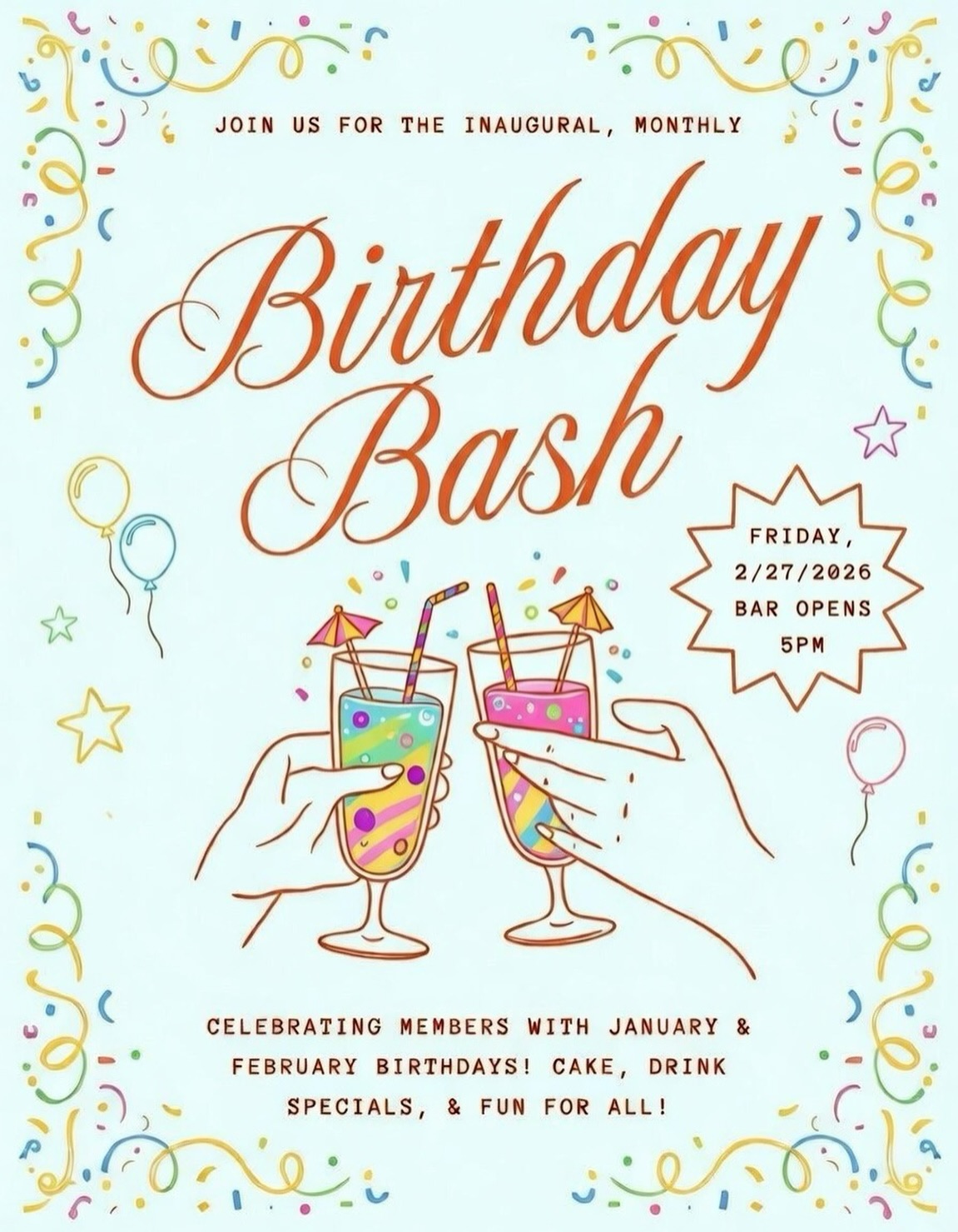 Got a January or February birthday? Bring your friends up to PBYC to celebrate this Friday, February 27th from 5-9 pm! We’ll have cake, drink specials, celebratory vibes and party favors for all! See you there!