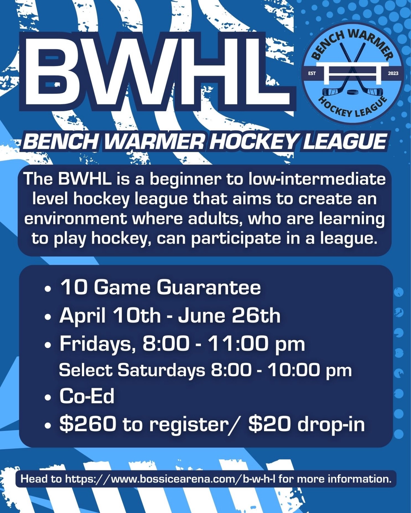 Register today for our Benchwarmers Hockey League!! 🔗 https://boss.finnlyconnect.com/registration/activityitem/26653