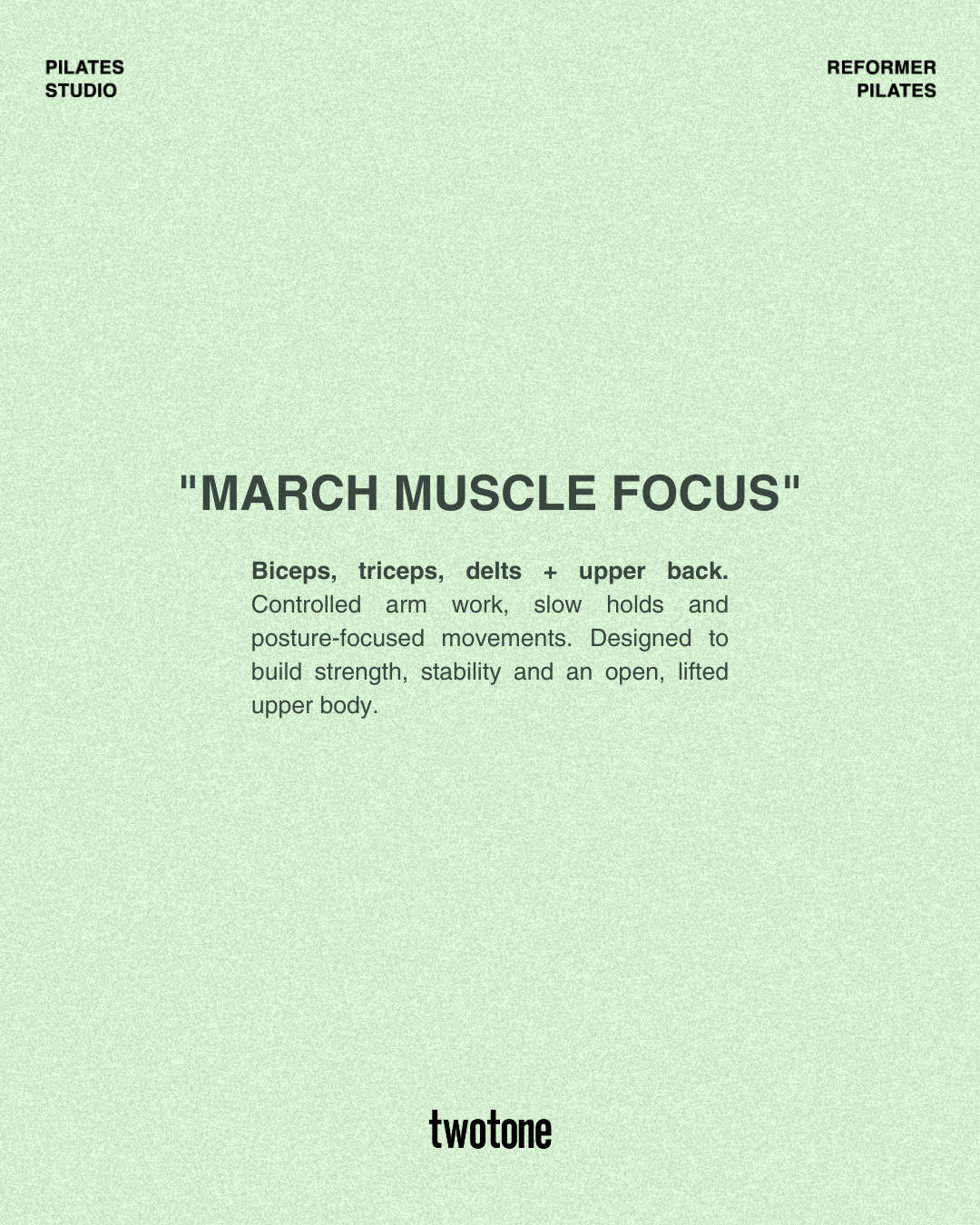 March is for the upper body. 💪🏾💚
Think controlled arm work, slow holds and posture-driven movements to build strength, stability and an open, lifted posture.
Strong arms support everything: from daily movement to deeper Pilates work.