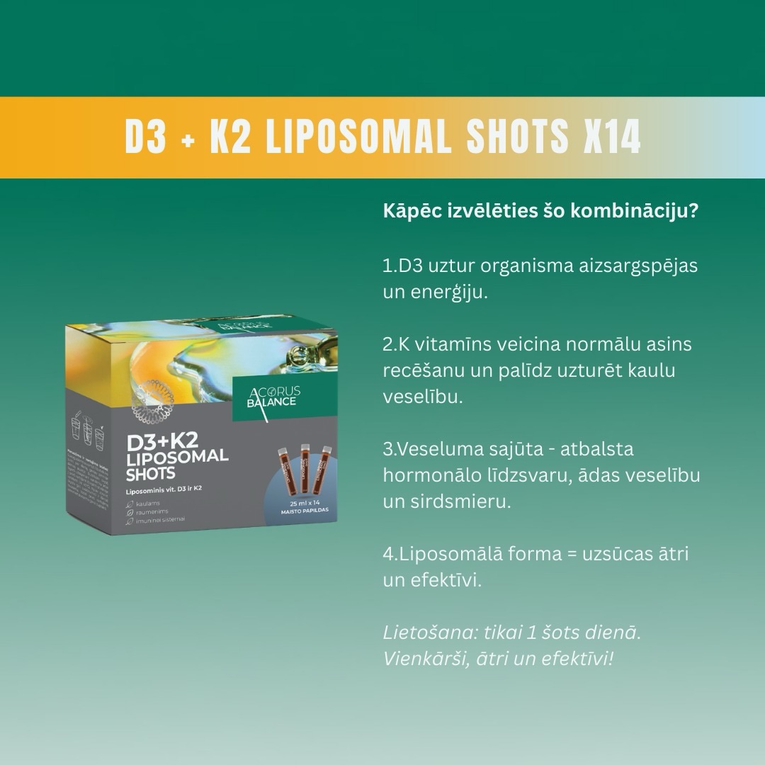 LV
🟡 D3 + K2 vitamīns liposomālajā formā - ideāla kombinācija stipriem kauliem un imunitātei.
🔴 Dzelzs deficīts var būt nemanāms, bet ar lielu ietekmi uz tavu pašsajūtu. Ferrum + B12 vitamīns liposomālajos šotos - ideāla kombinācija asinsradei, enerģijai un imunitātei.
🔵 Magnija šots ar magnija bisglicinātu ir radīts brīžiem, kad ķermenim vajag ātru un efektīvu atbalstu.
* Uztura bagātinātājs. Uztura Bagātinātājs neaizstāj pilnvērtīgu un sabalansētu uzturu!
RU
🟡 Витамин D3 + K2 в липосомальной форме - идеальное сочетание для крепких костей и иммунитета.
🔴 Дефицит железа может быть незаметным, но сильно влиять на ваше самочувствие. Ferrum + витамин B12 в липосомальных шотах - идеальное сочетание для кроветворения, энергии и иммунитета.
🔵 Магниевый шот с магния бисглицинатом создан для моментов, когда организму нужна быстрая и эффективная поддержка.
* Пищевая добавка. Пищевая добавка не заменяет полноценное и сбалансированное питание!