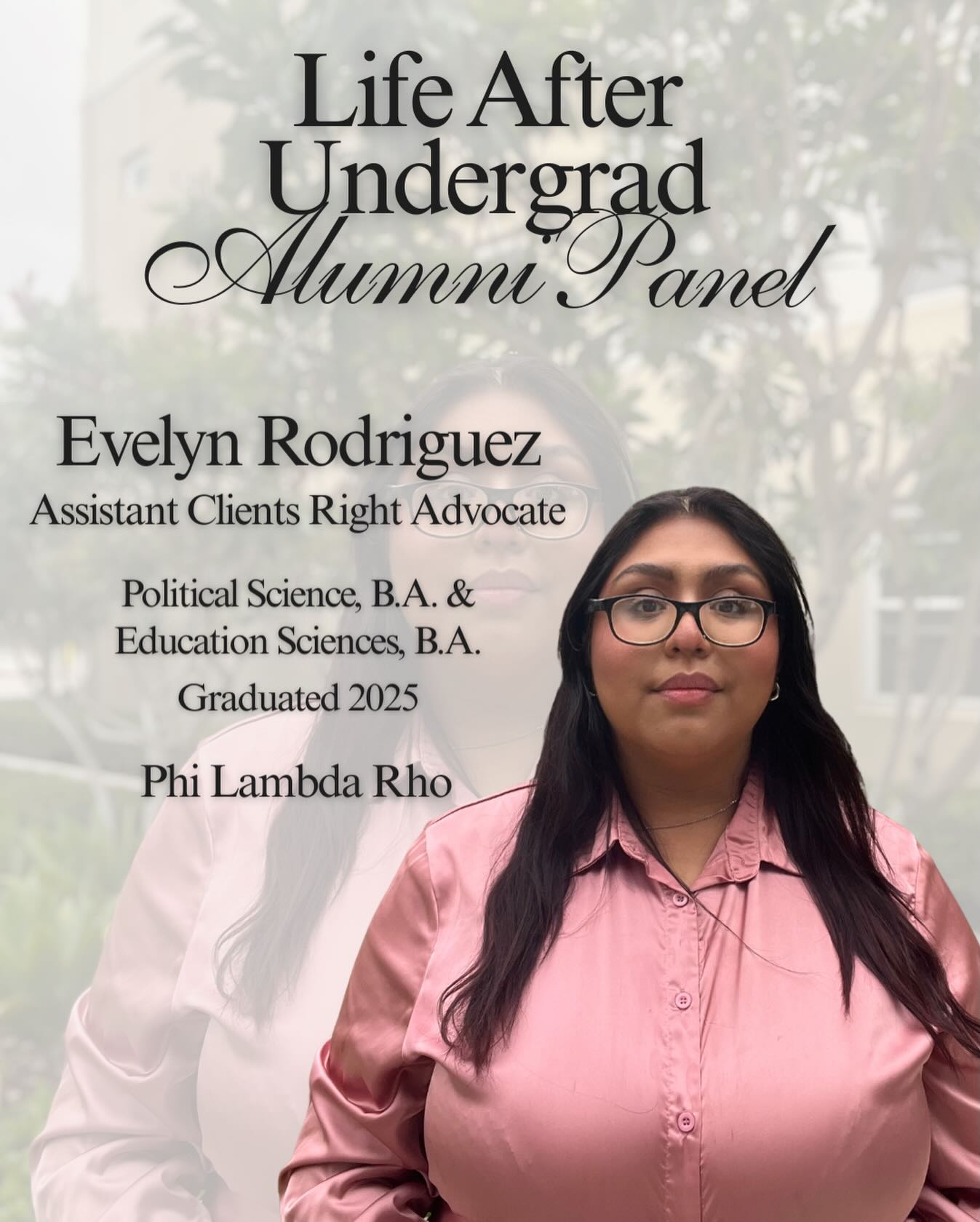 Meet our alumni panelist! Evelyn Rodriguez graduated in 2025 with a B.A. in both Political Science and Education Sciences and is currently a Assistant Clients Right Advocate!
Learn more about her experiences at our alumni panel on Tuesday!
#msfc #sorority #fraternity #uci #ucievents