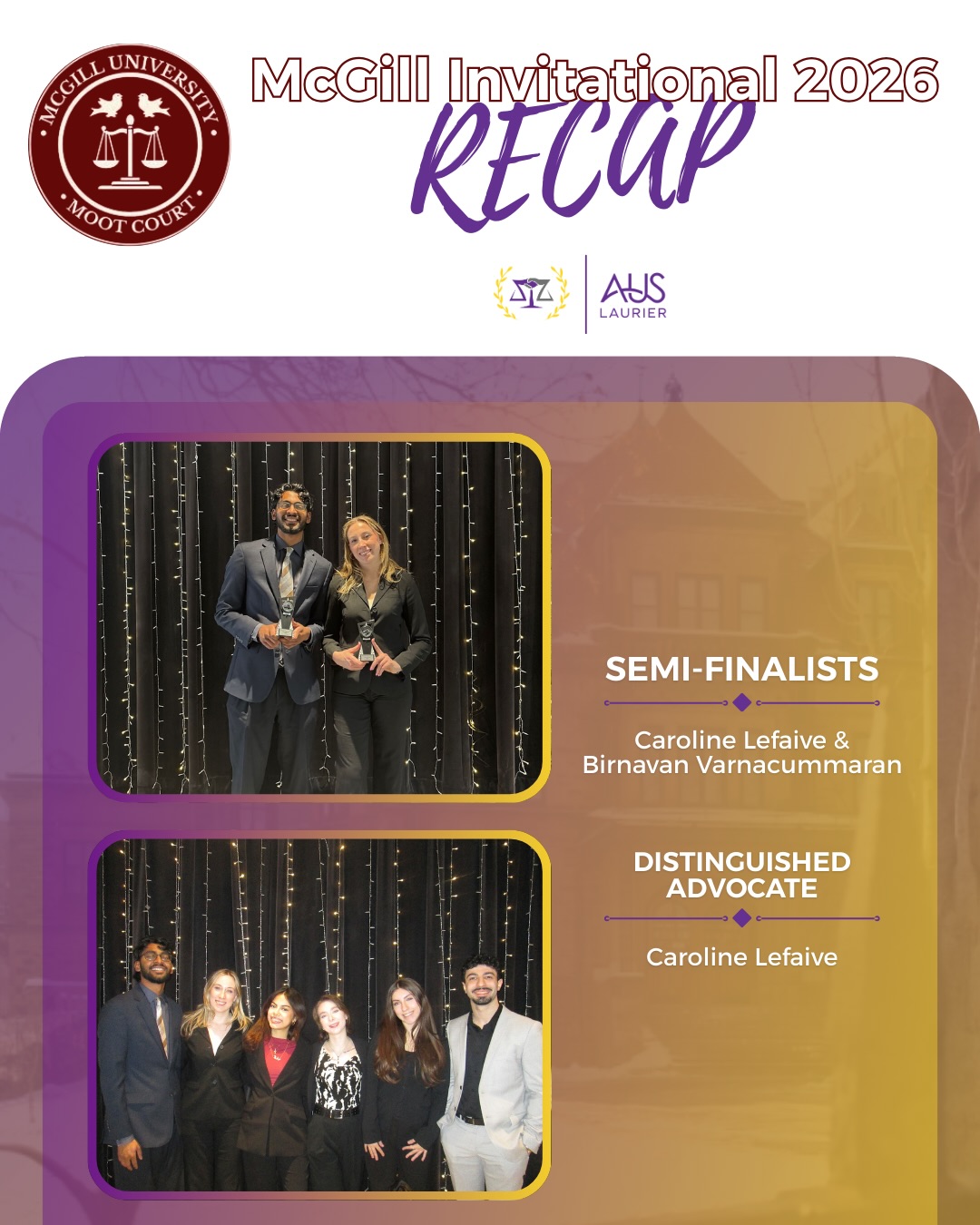 LMC had a very busy weekend attending two competitions that weekend.
First, LMC had the honour of attending the McGill cup, and we had a team make it to second day, along with a distinguished advocate ๐๐
Congratulations to our Semi-finalists Caroline Lefaive and Birnavan Varnacumaaran and a special congratulations to Caroline Lefaive on winning a distinguished advocate award ๐
Thank you @mcgillmootcourt as always for hosting such an amazing tournament!