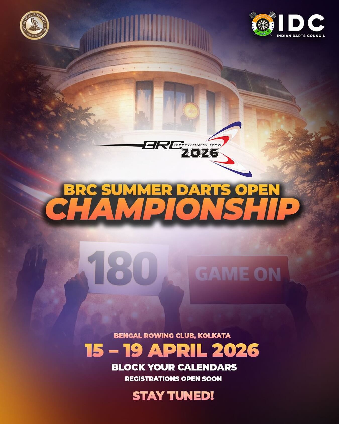 BRC Summer Darts Open Championship 2026 🎯
Bengal Rowing Club, Kolkata
15 – 19 April 2026
Block your calendars — one of India’s biggest darts events is back! Five days of elite competition at the iconic Bengal Rowing Club.
Registrations open soon. Stay tuned for more details.
Game On, India! 🇮🇳🎯