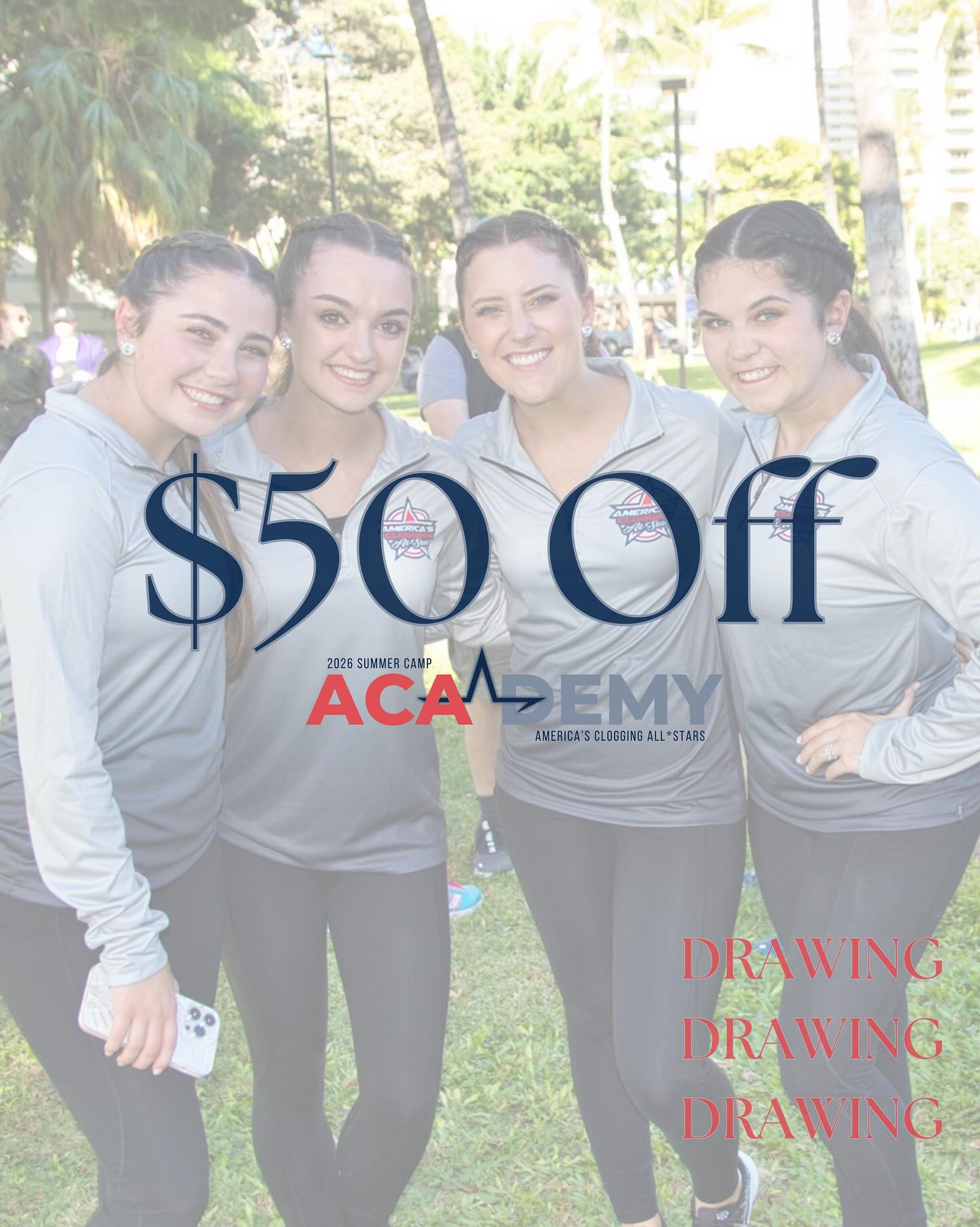 ACAdemy Summer Registration Giveaway!
From now through the end of the month, anyone who registers for the ACAdemy will be entered into a drawing to win $50 off your tuition!
3 winners will be selected on March 31st.
Already registered? No worries — your name will automatically be included in the drawing too!
We hope you’ll make plans to join us this summer!
*This does not include Adult ACAdemy.
https://www.americascloggingallstars.com/camp-registration