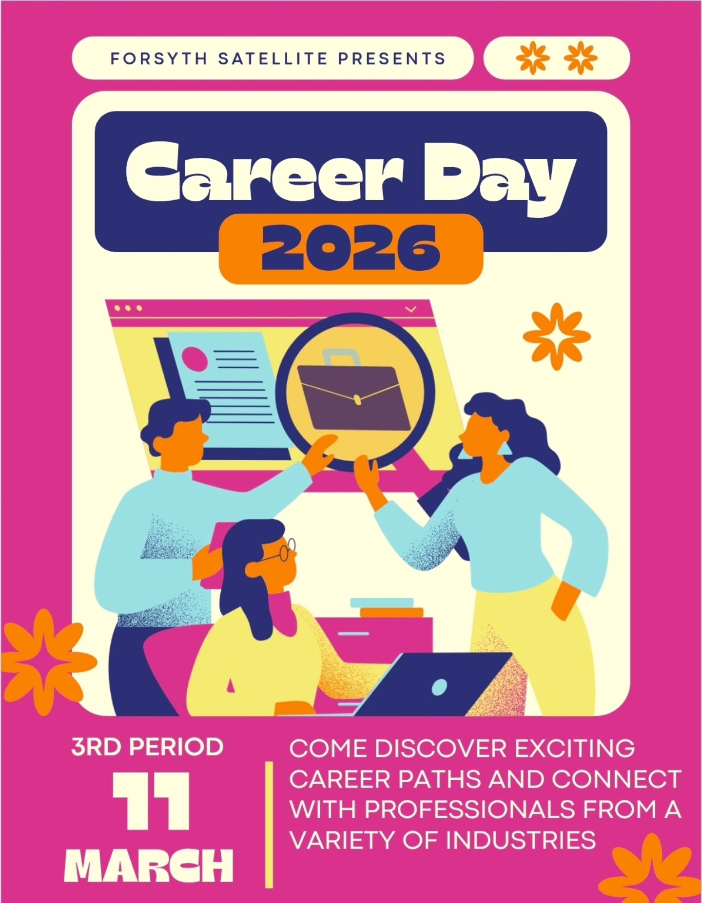 Hey Forsyth. Come explore exciting career paths and meet professionals from different industries at our Career Fair this Wednesday during 3rd period. This is your chance to ask questions, learn about real-world careers, and start thinking about your future.
Meet and learn from professionals including a graphic designer, property manager, mechanic, and a judge who will share what their jobs are really like and how they got there.
Don’t miss this opportunity to get inspired, make connections, and start building your path to success!
#careerfair #forsyth #future #realworld