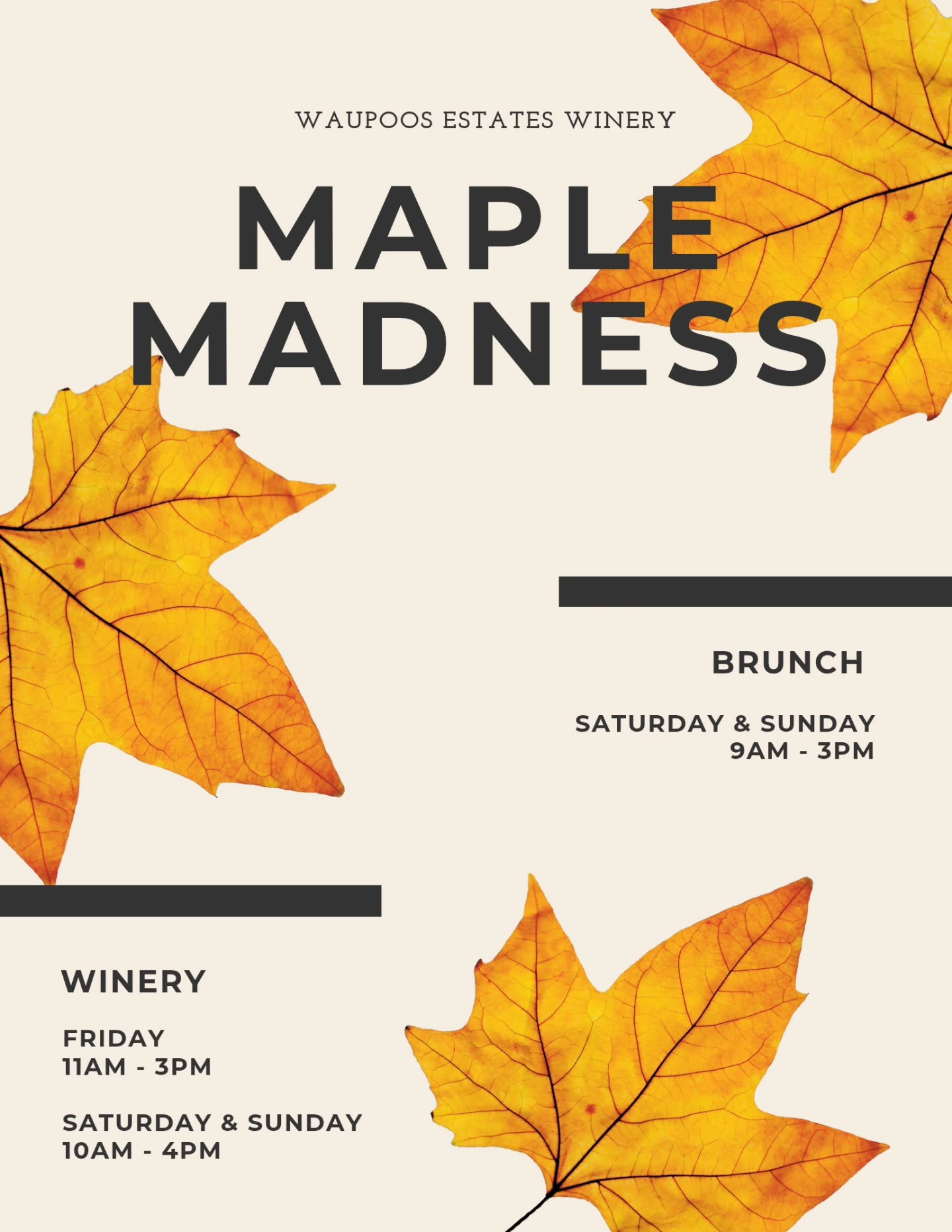 Maple season is officially here!
Join us at Waupoos Estates Winery for the first weekend of Maple Madness!
Brunch | Saturday & Sunday 9AM–3PM
Winery | Friday 11AM–3PM
Saturday & Sunday 10AM–4PM
Celebrate all things maple with us — cozy vineyard views, sweet & savoury features, and your favourite wines to match.
Kick off Maple Madness the right way. We’ll see you this weekend!