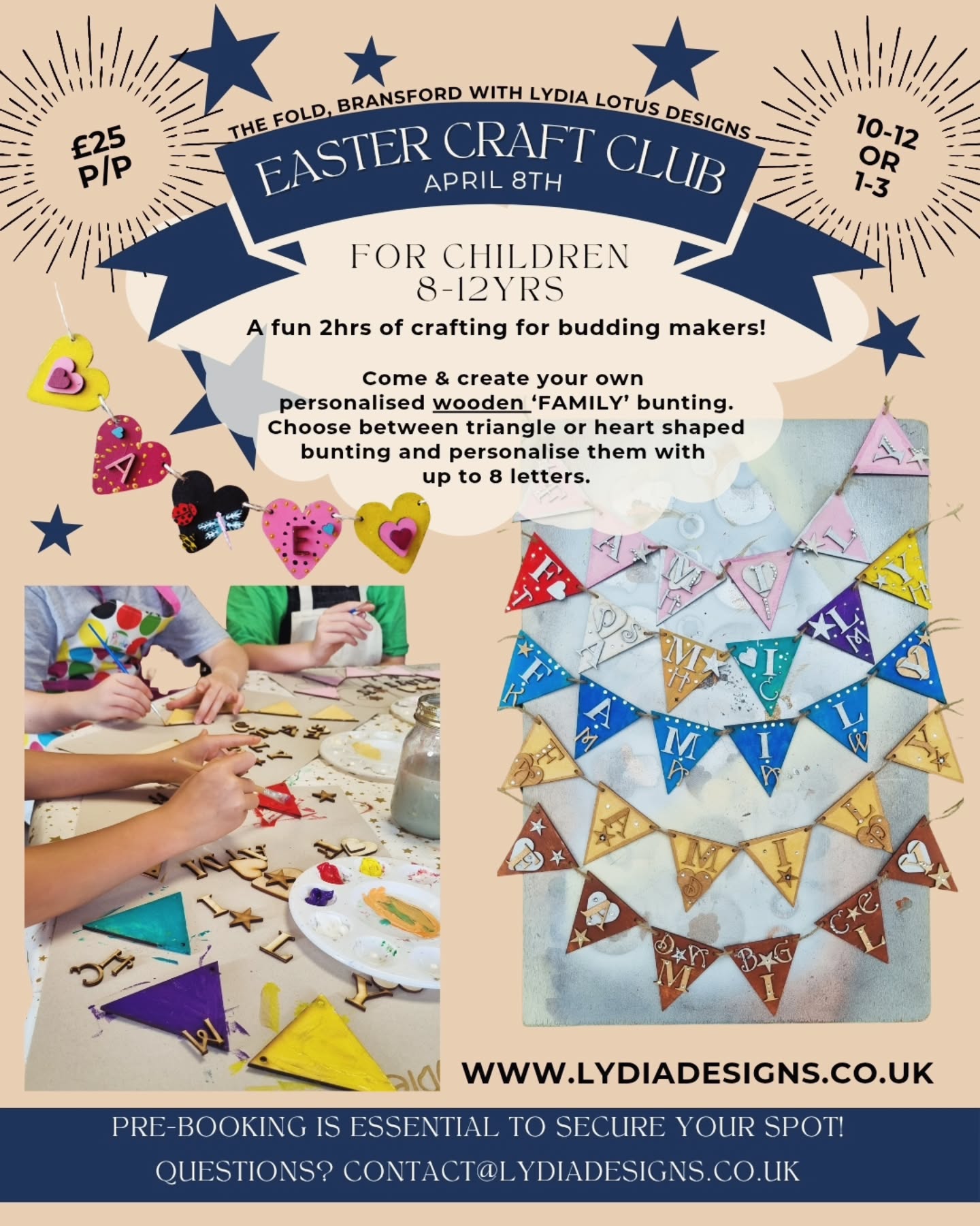 āØĀ Easter Craft Club at The FoldĀ āØ
Join me this April for a fun and creativeĀ Easter Craft Club @thefoldbransford Ā where children can design and make their ownĀ personalised wooden buntingĀ to take home and treasure.
Each crafter will create a beautiful bunting usingĀ heart or triangle shaped wooden plaques, personalised with theirĀ familyās initialsĀ (pets included!) and decorated withĀ lots of colours, shapes and fun finishes.
Itās a lovelyĀ 2-hour creative sessionĀ where imagination can run wild ā and theyāll leave with a handmade decoration to display at home that can last a lifetime.
šĀ Sessions:
10amā12pm
1pmā3pm
All crafters need to bring isĀ their creativity and an apronĀ ā everything else will be provided.
āØĀ Spaces are limited and booking is open now
šĀ Link in profile to book
#EasterCraftClub #KidsCraftWorkshop #FamilyCrafts #TheFoldBransford #creativekids