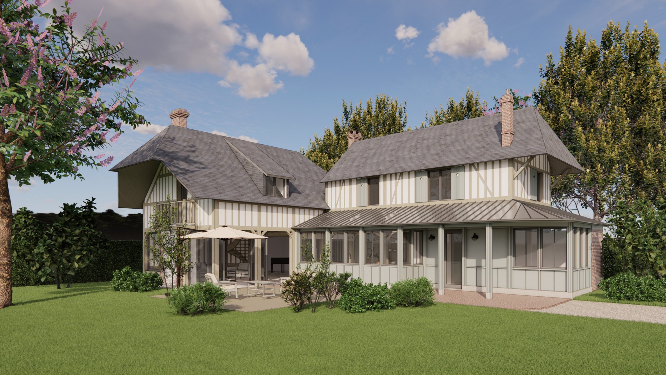 Voici une charmante extension pensée sur le principe des jardins d’hiver pour cette maison située dans le secteur de Cormeilles.
Ici, les règles de construction limitent les extensions à 20 m².
Les clients souhaitaient pourtant intégrer :
• une chambre avec salle de bain au rez-de-chaussée,
• une véritable entrée,
• une cuisine plus généreuse,
• et, si possible, une pièce technique (buanderie / arrière-cuisine).
Il a donc fallu ruser pour faire entrer tout ce programme dans un espace restreint.
Le projet repose sur la réorganisation d’une partie du rez-de-chaussée existant et la création de deux petites extensions.
➡️ D’un côté, une cuisine largement vitrée proche des pièces à vivre et ouverte sur la vallée.
➡️ De l’autre, une chambre au calme.
L’ensemble est relié par une toiture avec terrasse couverte, qui permet d’unifier et d’harmoniser les deux extensions.
Sur la photo suivante, découvrez l’état existant de la maison.
Restez connectés pour découvrir la suite de ce charmant projet !