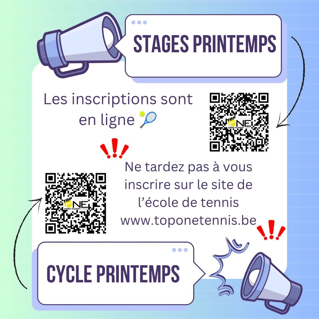 📣 Les inscriptions pour les stages et le cycle de printemps sont désormais ouvertes sur le site de l’école de tennis 🎾
➡️ www.toponetennis.be