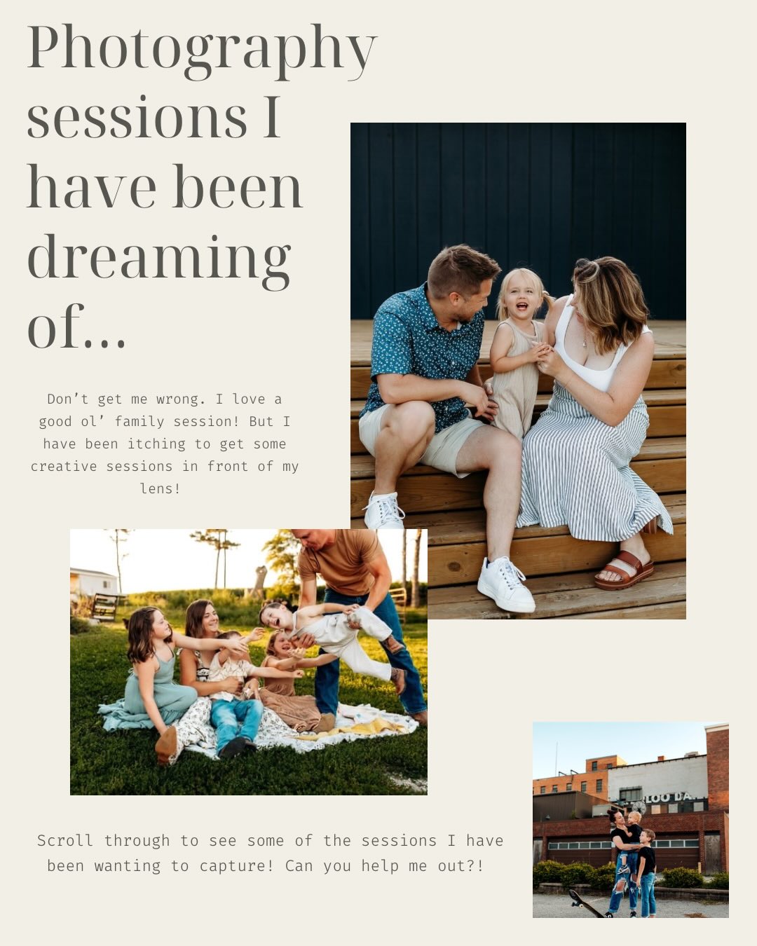 I have been CRAVING some creative sessions lately! Nothing beats a family session but I am hoping to knock some bucket-list sessions off of my list this year! While these sessions arenāt free, they are heavily discounted. Scroll through my list and slide into my DMās to create some magic for the both of us š