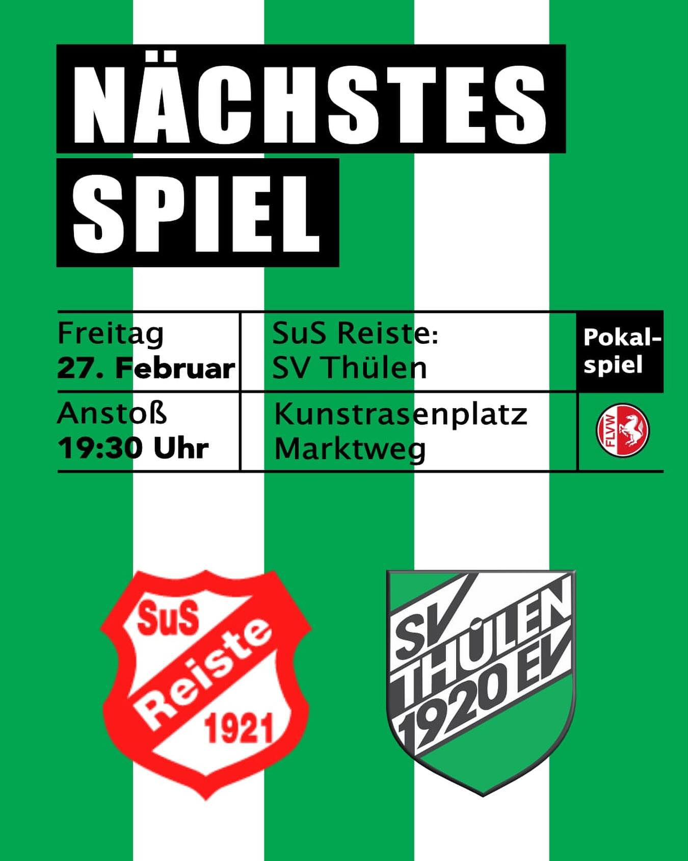 🏆⚽ SVT-Damen müssen am Freitagabend im Kreispokal ran ⚽🏆
Am Freitagabend steht für die Fußballdamen des SV Thülen die 1. Runde im Kreispokal auf dem Programm.
Dabei ist der frisch gebackene Futsal-Westfalenmeister zu Gast beim SuS Reiste.
Der Gastgeber aus der Gemeinde Eslohe geht in der heimischen Kreisliga an den Start und belegt dort momentan den 5. Tabellenplatz.
Anstoß ist morgen Abend um 19:30 Uhr auf dem Kunstrasenplatz in Reiste.
@reister_damen