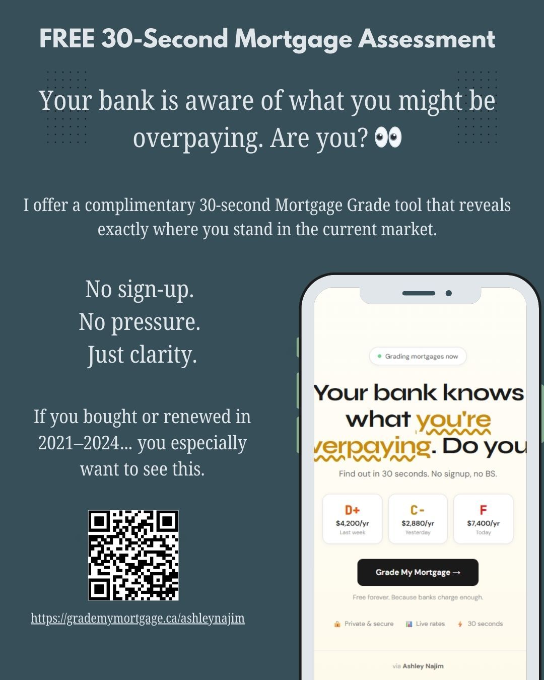 What if you’re overpaying on your mortgage… and don’t even know it?
Most homeowners signed at whatever rate their bank offered — and haven’t looked at it since. Meanwhile, rates, terms, and penalties quietly impact your payments every single month.
If you bought or renewed in 2021–2024, this especially applies to you.
I created a free 30-second Mortgage Grade tool so you can see exactly how your mortgage stacks up in today’s market. No sign-up. No pressure. Just clarity.
If your grade looks great? Amazing.
If not? At least you’ll know — and we can fix it.
Run your quick check here:
👉 www.grademymortgage.ca/ashleynajim
Stop guessing. Start knowing.
#MortgageReview #SarniaMortgage #LambtonCounty #HomeownerTips #RenewalStrategy