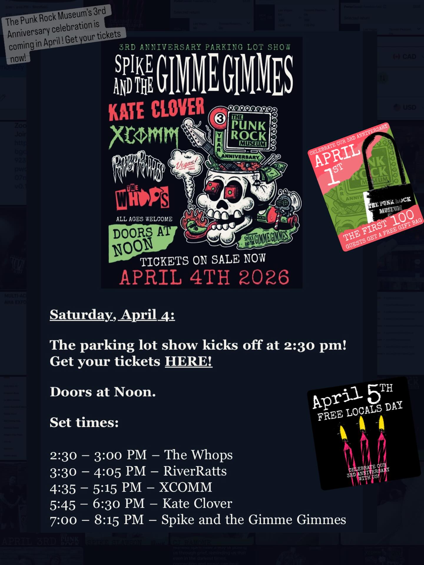 Join us @thepunkrockmuseum for the third anniversary celebration! On April 4th we have a parking lot show with @the_whops , @riverratts , @xcommpunx , @kate_clover_ and @spikeandthegimmegimmes !
Get your tickets now! Looking forward to seeing everyone there!