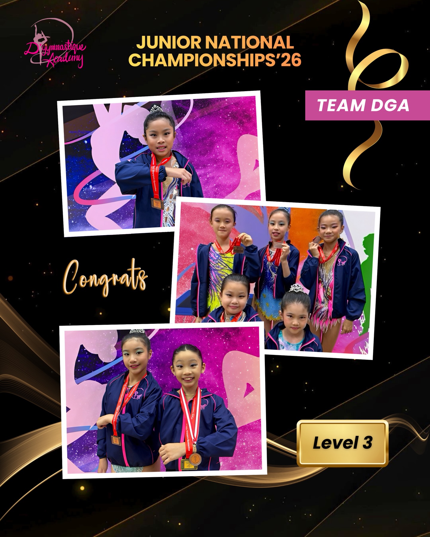 To round up Jnr Nat Champs, we would also like to congratulate our gymnasts who competed bravely in the Level 3 Category! 👏🏻 We are very proud of your growth and progress! Continue to improve and come back stronger!💪🏻
Special mention goes to Siobhan Lee for clinching L3 (10y/o):
🥇IAA Gold
🏅Rope - 7th Place
L3 FH (9y/o & 11y/o)
⭐️Estelle Leong
⭐️Kathe Woo
L3 IAA (10y/o)
🥉Jessie Lai
L3 IAA (11y/o)
🥉Alexis Fan, Alva Lee, Caitlyn Chee & Kirschle Ang
Thank you coaches for your hard work & dedication!💜 We’re looking forward to Senior Nat Champs that will be happening very soon!
#TeamDGA