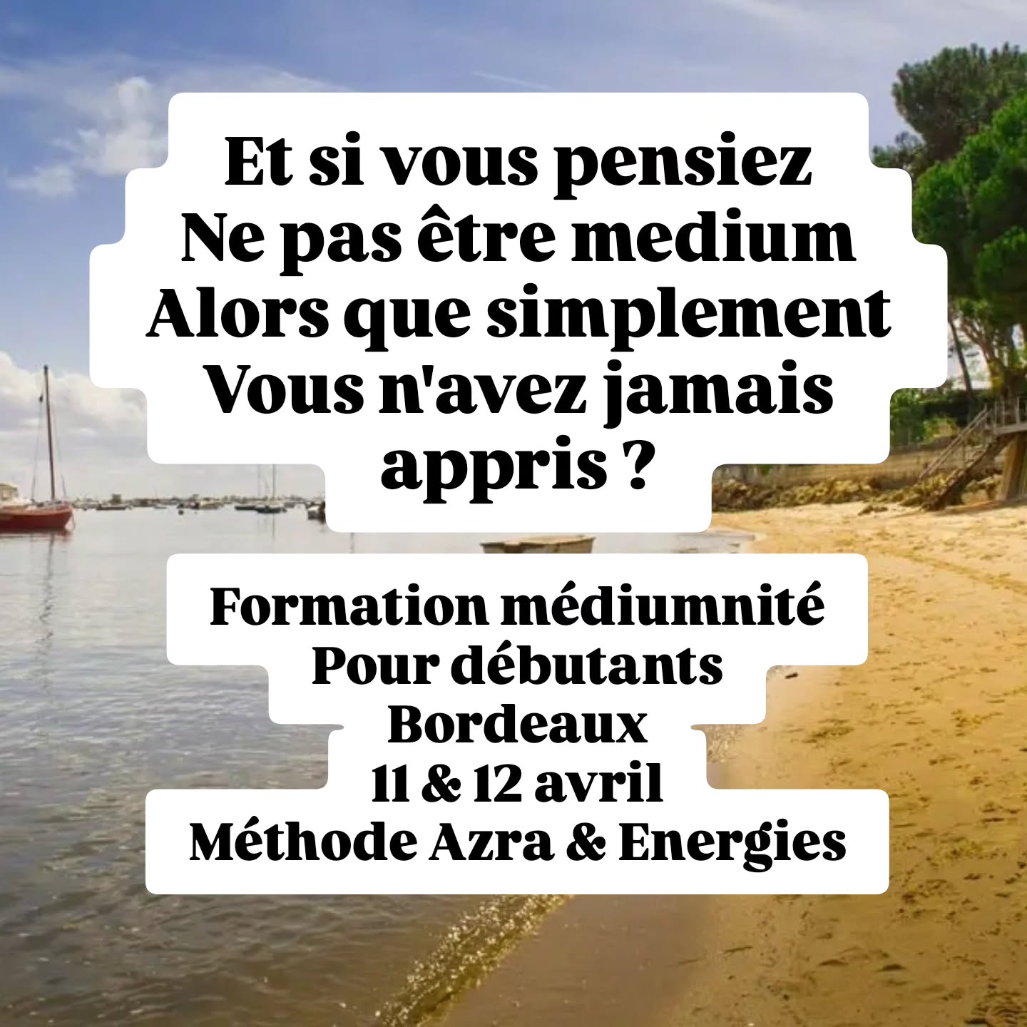 Beaucoup essaient seuls et finissent par abandonner.
Ce week-end est là pour poser un cadre clair et stable. Ma méthode est basée sur l'intention, notre volonté, elle s'adapte parfaitement aux personnes qui actuellement ne perçoivent pas ou aux autres qui peuvent percevoir certaines choses sans contrôle ou compréhension.
Cette formation va vous permettre de découvrir qui vous êtes vraiment ! Ce n'est pas une question de don, c'est une question de méthode.
Pour en savoir plus, dites "Bordeaux" en commentaire !