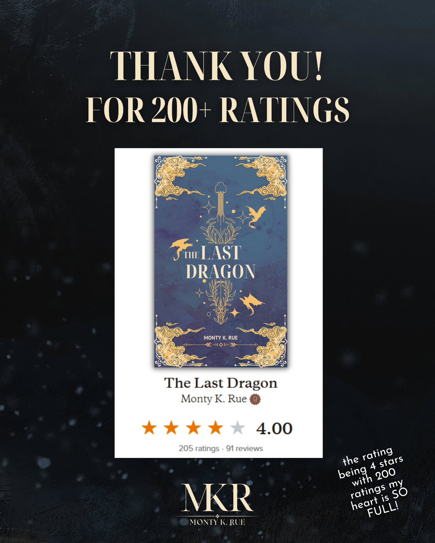 MY BOOK BABY OFFICIALLY HAS 200 RATINGS ON GOODREADS!
Excuse me while I go ✔️ off yet another author milestone achieved 🥹
200+ people willingly decided to click that button 🥹
Be it a 1 star or 2 or 5. I'm grateful for each rating and each review.
Being an author was and still is my absolute dream and I had so much hope when I starting writing TLD. Just an indie author from Europe battling against the major market. But I did it WITH YOU by my side.
AND IT BEING 4 STARS ON AVERAGE? I feel like I can truly say that I am SO proud of this book. I am so happy I wrote it and still get to tell Zel’s story.
And I have so much to tell. 💙✨️
THANK YOU!
#romantasybook #bookstagram #thelastdragon #indieauthor #fantasyromancebooks