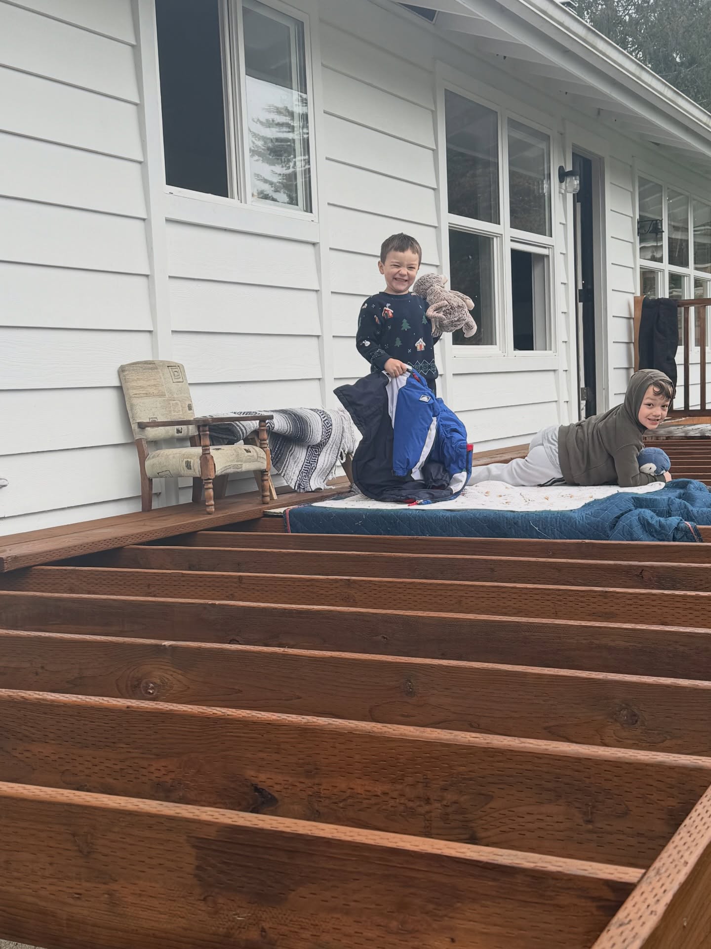 Weekend deck building with the boys. Goes to show you don’t even need decking to enjoy a deck. The framing has been a jungle gym.