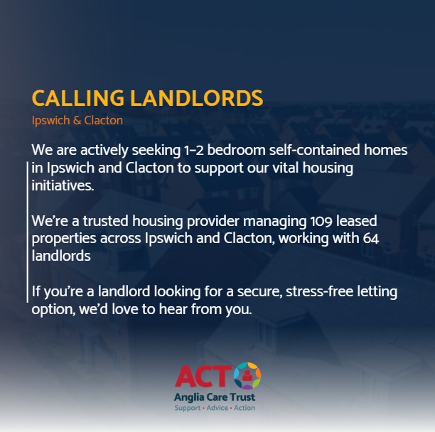 Landlords in Ipswich and Clacton…
We are currently seeking 1–2 bedroom self-contained properties in Ipswich and Clacton-on-Sea.
We offer:
🏠Guaranteed monthly rent
🏠Rents as close as possible to Local Housing Allowance (LHA) rates
🏠Property management and maintenance
🏠A long-term, reliable partnership
Interested? Email admin@angliacaretrust.org.uk
#Landlords #HousingSupport #ClactonHousing #IpswichHousing
