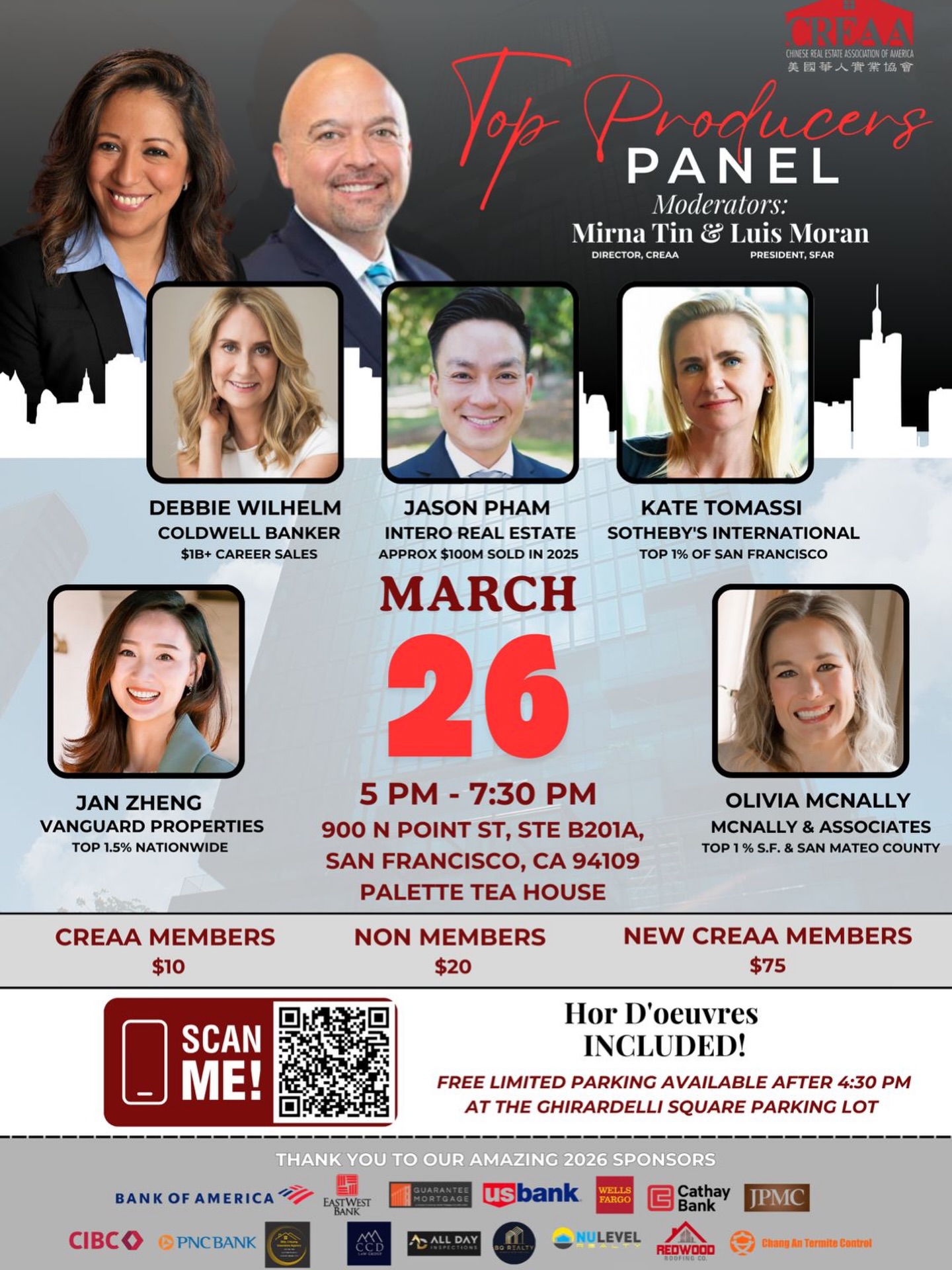 🏆 CREAA Top Producers Panel
Proudly Sponsored by Bank of America
What does it really take to become a Top Producer in today’s real estate market? 📈
Join us for an exclusive CREAA Top Producers Panel where some of the Bay Area’s most successful real estate professionals will share their insights, strategies, and real experiences behind their success.
🎤 Moderated by CREAA Director Mirna Tin and Luis Moran, President of the San Francisco Association of Realtors, this conversation will dive into:
✨ Market trends
✨ Business growth strategies
✨ Client relationship building
✨ What separates top producers from the rest
📅 March 26, 2026
🕔 5:00 PM – 7:30 PM
📍 Palette Tea House
Come connect with fellow professionals, gain valuable industry insights, and enjoy delicious hors d’oeuvres in a vibrant setting.
A special thank you to Bank of America for proudly sponsoring this event and supporting our real estate community.
🎟 Register now:
https://www.creaaus.org/event-details/top-producers-panel-2026-earned-not-given
#CREAA #RealEstate #BayAreaRealEstate #TopProducers #Networking RealEstateProfessionals
⸻
🏆 CREAA 頂尖地產經紀分享會
由 Bank of America 美國銀行 榮譽贊助
在今天競爭激烈的房地產市場中,頂尖經紀是如何做到的? 📈
誠邀您參加 CREAA Top Producers Panel,多位灣區頂尖房地產經紀將分享他們成功背後的 策略、經驗與市場洞察。
🎤 本次論壇由 CREAA 理事 Mirna Tin 與 舊金山房地產協會會長 Luis Moran 主持,討論內容包括:
✨ 房地產市場趨勢
✨ 業務成長策略
✨ 客戶關係經營
✨ 成為頂尖經紀的關鍵
📅 2026年3月26日
🕔 下午5:00 – 7:30
📍 Palette Tea House
歡迎來與灣區房地產專業人士 交流人脈、學習成功經驗,並享用精緻小食。
特別感謝 Bank of America 對本次活動的贊助與對房地產社群的支持。
🎟 立即報名:
https://www.creaaus.org/event-details/top-producers-panel-2026-earned-not-given
CREAA 灣區房地產 房地產分享會 地產經紀