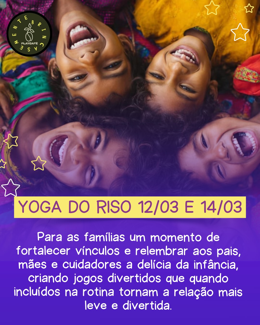 Vivências de Yoga do Risopara toda família no Brincar Semente
O Yoga do Riso é um exercício poderoso para o fortalecer vínculos e estimular a inteligência emocional, consciência corporal e regulação hormonal em qualquer idade, através de brincadeiras, canto, dança e muita riso.
A prática ensina brincando exercícios simples de respiração, meditação e relaxamento para nossas crianças lidarem com as emoções do dia a dia, principalmente as frustrações.
Para as famílias um momento de fortalecer vínculos e relembrar aos pais, mães e cuidadores a delícia da infância, criando jogos divertidos que quando incluídos na rotina tornam a relação mais leve e divertida.
Nos dias 12 e 14 de março estaremos recebendo a Embaixadora Internacional do Riso Bililiu Hahaha
Estaremos te esperando 💜