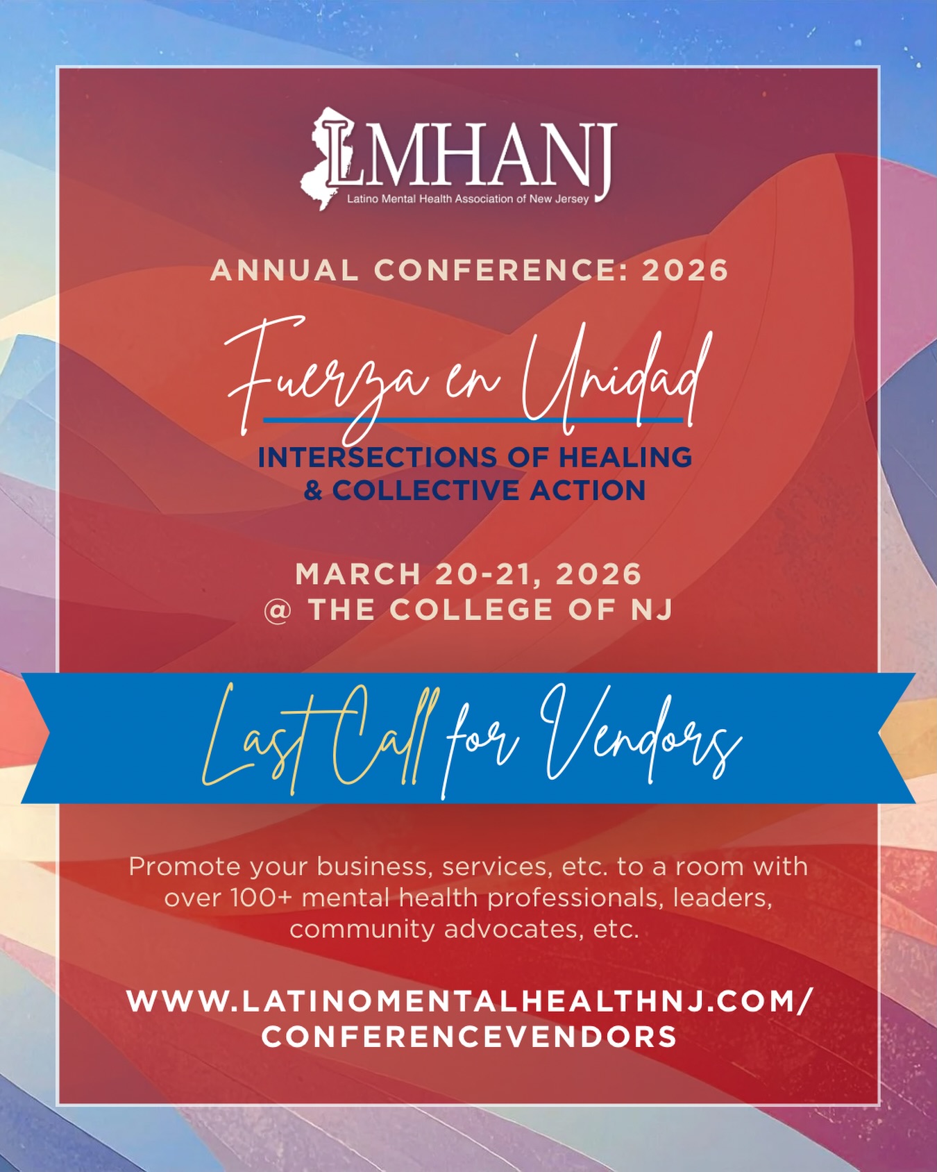 🚨 Calling all organizations, programs, and businesses! Become a vendor at the LMHANJ Annual Conference 🚨
This is your opportunity to connect directly with mental health professionals, students, and advocates dedicated to serving the Latinx community.
As a vendor, you can:
✨ Showcase your services, resources, or products
✨ Build meaningful relationships with clinicians and community leaders
✨ Increase visibility within the Latinx mental health field
✨ Gain valuable feedback from attendees
Be part of a growing network committed to expanding culturally responsive mental health care.
⏳ Deadline to secure your vendor space: March 2, 2026
Vendor tables are limited and available on a first-come, first-served basis.
🔗 Apply now to reserve your spot —> LINK IN BIO