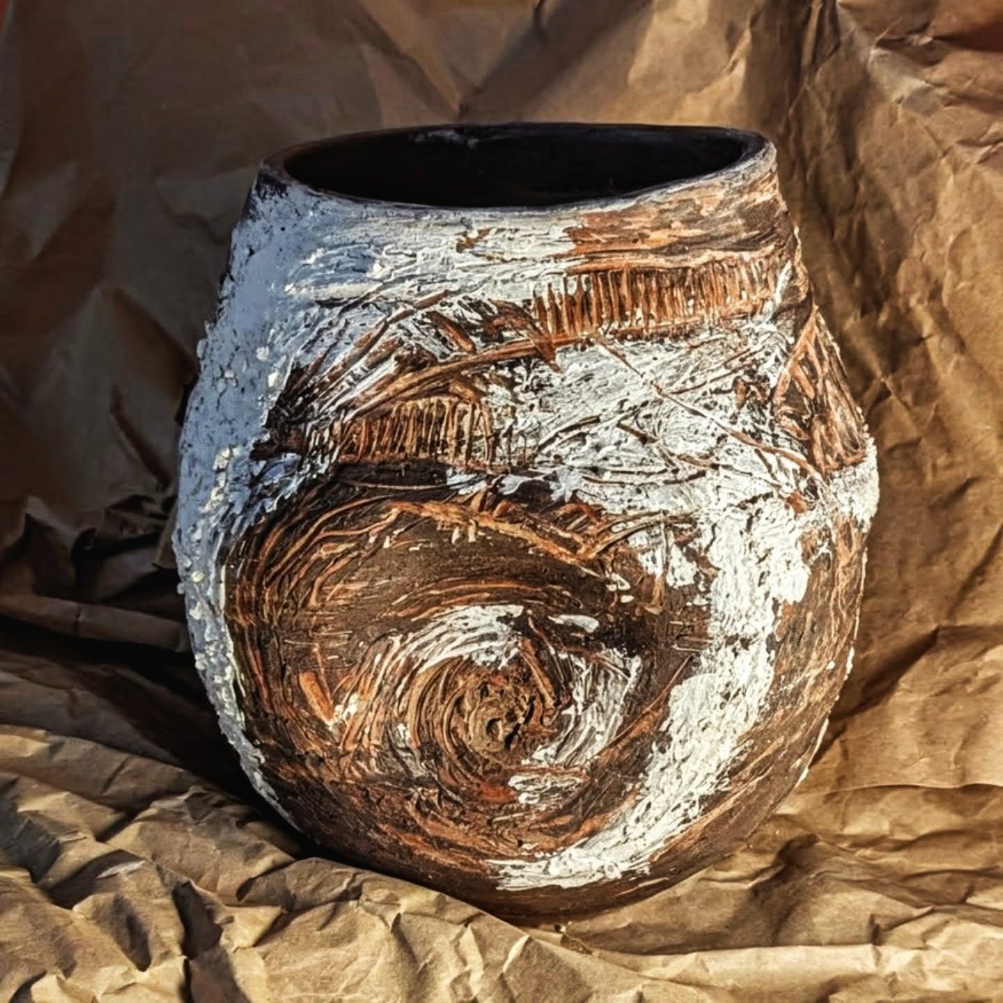 Can there be too much texture? I think not.
Wheel-thrown vessel altered by hand, several layers of textured slips, carved and marked as I continue to explore the vessel as a form for holding space, landscape and the traces of making.
..
#australianceramics #handmadepottery #sunshinecoastartists #inthestudio #texturedceramics