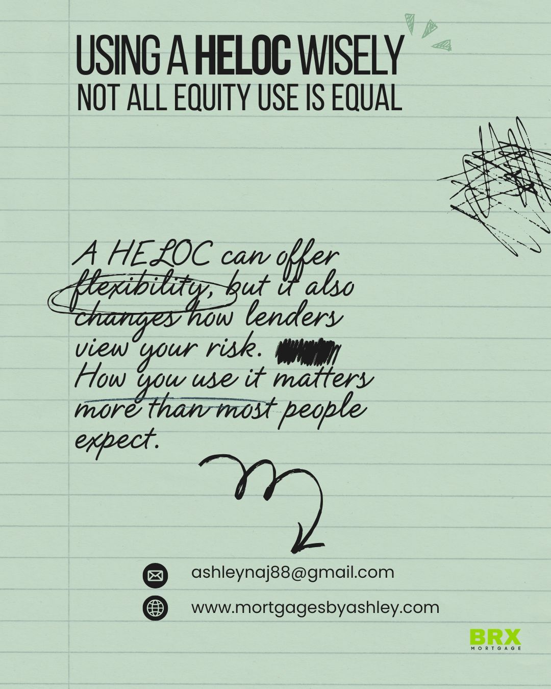 Your home equity can work for you — or quietly work against you. 🏡💡
A HELOC (home equity line of credit) isn’t the same as a mortgage.
How it’s structured can impact:
• future borrowing power
• renewal options
• retirement and cash-flow planning
• even approvals down the road
This is especially important if you’re planning retirement, semi-retirement, or long-term financial flexibility. The goal isn’t just access to equity — it’s keeping options open later.
💡 Great planning tool: a home-equity snapshot + cash-flow review (I use this to show how different setups affect you 5, 10, even 20 years out). It’s one of the most helpful ways to plan before making changes.
A short call now can prevent big limitations later.
📞 519-339-0883
📩 ashleynaj88@gmail.com
🌐 www.chatwithashley.ca
#MortgagePlanning #HomeEquity #RetirementPlanning #FinancialPlanning #CanadianMortgage #SmartBorrowing #BRXMortgage