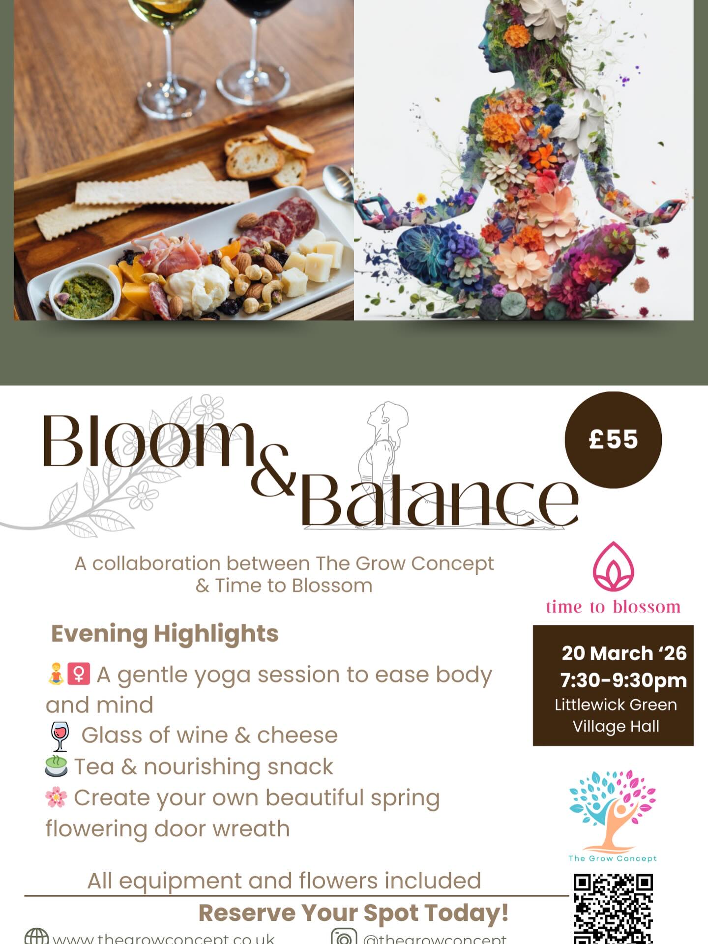There are still spaces available for this wonderful evening ❤️
✨ An evening of movement, creativity & calm ✨
We’re so excited to invite you to our Adult Yoga & Easter Wreath Making Workshop — a beautiful, feel-good evening designed entirely for you to slow down, move your body, and get creative.
This special collaboration brings together The Grow Concept and Time to Blossom for a gorgeous seasonal experience you won’t want to miss.
🧘♀️🌿 Adult Yoga & Wreath Making Workshop
📍 Littlewick Green Village Hall
📅 Friday 20th March
💷 £55 per person
The evening begins with a grounding, accessible yoga flow to help you unwind from the week and reconnect with yourself. Then, feeling relaxed and inspired, you’ll be guided step-by-step to create your own stunning seasonal wreath to take home.
And because no cosy evening is complete without a little indulgence… there’ll be cheese, wine, and a selection of teas to enjoy while you create 🧀🍷🍵
Think soft lighting, calming movement, fresh foliage, good company — and that lovely feeling of doing something purely for you.
Spaces are limited, so if this sounds like your kind of evening, don’t wait too long.
Come stretch, create, sip, unwind… and leave with something beautiful you made yourself 💚
Visit www.thegrowconcept.co.uk/book-online to secure you place.
#thegrowconcept #timeroblossom #adultwellness #relaxwithyogaandwine #berkshire