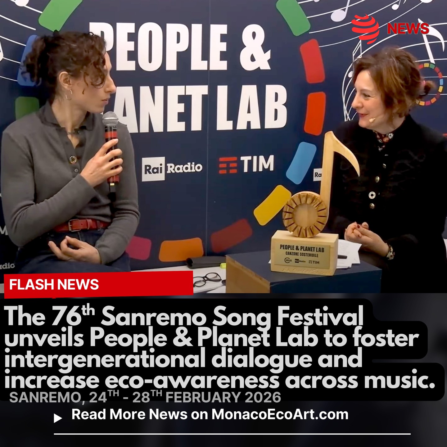 @mo.eco_art #flash #news #music #festival #Sanremo2026 #sustainability 🎙️🎶✅ The 76th Italian Song Festival @sanremorai is in the midst of celebrations and the #musical competition involving Sanremo, the most popular #seaside resort besides the French Riviera: and from this year there is an initiative that makes it increasingly #sustainable through concrete facts 💐👨🎤👩🎤 The People & Planet Lab's ASviS Live, promoted by @asvis_italia, RAI @rairadio2 Radio and @timofficial, at its first edition, is the #pioneering #event aimed at creating meaningful synergies to promote the Sustainable Development Goals – Agenda 2030 - through tangible #actions animated by youngsters while combining #music, #radio, digital and educational #workshops 🎧🎚️Radio and podcasts can be really successful to engage various audiences, while creating intergenerational bonds, best practices exchange and inclusion in access to quality information able to raise awareness on key sustainability issues 🏆♻️🧑🎤 To give voice to new generations and demonstrate that it is community actions that produce the most impactful results in the ecological transition, a special ASviS and RAI Award (a wooden sculpture in the shape of a musical note) will be given to the song most inspired by the Sustainability, as real demonstration that themes of Sustainability can be achieved through the language of music, of pop culture and shared stories 📸 An interview introduced and moderated by Sara Zambotti, radio author for Rai Radio2, within the initiative at the 2026 Sanremo Festival © RAI Radio ASviS TIM © Layout and Contents by: MonacoEcoArt.com