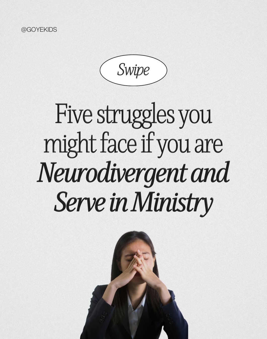 Neurodivergence in ministry is something that needs to be talked about.
Being aware of struggles that people may face—whether neurodivergent or not—can help everybody involved with the team understand how to help and support one another.
Being aware of our own struggles can also help us to speak up and ask for what we need, and help us see that we may not be alone in our experiences.
For this post, let’s look at five things you might struggle with if you’re neurodivergent:
- Task Paralysis
- Flat Effect
- Needing Structure
- Not Picking Up on Hints
- Feeling Awkward
Read each slide to see if you resonate with any of these struggles and/or scenarios.
Annnd, it’s entirely possible that you might be neurotypical and struggle with some of these as well.
It’s less about labeling and more about making ministry spaces accessible to all so we can all thrive as we serve Jesus and each other.
What are your thoughts?