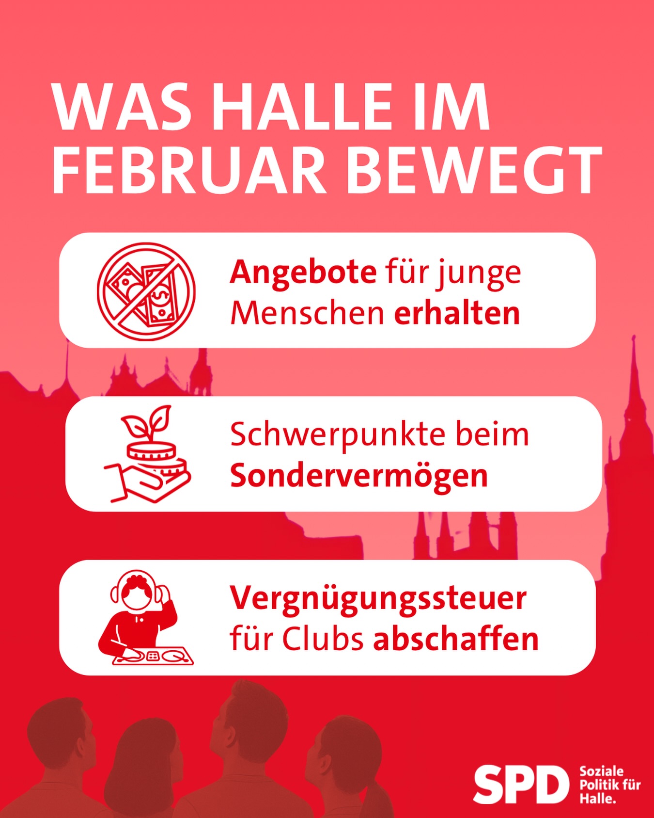 𝗪𝗮𝘀 𝗛𝗮𝗹𝗹𝗲 𝗶𝗺 𝗙𝗲𝗯𝗿𝘂𝗮𝗿 𝗯𝗲𝘄𝗲𝗴𝘁
Heute findet die Februar-Sitzung des Stadtrates statt. Die Tagesordnung ist so voll, dass sich ein Blick auf einige Highlights lohnt.
𝗔𝗻𝗴𝗲𝗯𝗼𝘁𝗲 𝗳ü𝗿 𝗷𝘂𝗻𝗴𝗲 𝗠𝗲𝗻𝘀𝗰𝗵𝗲𝗻 𝗲𝗿𝗵𝗮𝗹𝘁𝗲𝗻
Gerade stehen viele Einrichtungen für Kinder und Jugendliche vor der Schließung, weil das Landesverwaltungsamt den von CDU, AfD und anderen geänderten Haushalt nicht genehmigt. Vor der Ratssitzung ist deshalb eine große Demo angekündigt, zu der mehrere Hundert Menschen erwartet werden. Das ist ein lautes Signal. Wir wollen eine Lösung, die von allen demokratischen Fraktionen getragen wird und die Angebote für junge Menschen in Halle sichert, bevor hier das Licht ausgeht.
𝗦𝗰𝗵𝘄𝗲𝗿𝗽𝘂𝗻𝗸𝘁𝗲 𝗯𝗲𝗶𝗺 𝗦𝗼𝗻𝗱𝗲𝗿𝘃𝗲𝗿𝗺ö𝗴𝗲𝗻
Halle bekommt 116 Mio Euro aus dem Sondervermögen des Bundes. Die Vorschläge der Verwaltung sind ein guter Start, aber uns fehlt ein klarer Schwerpunkt auf die Bildung. Deshalb wollen wir beim größten Projekt, der Stadthaussanierung, einen Teil der Mittel umschichten in die Sanierung der Grundschule in Heide-Nord und in einen Topf für die Sanierung von Schultoiletten.
𝗩𝗲𝗿𝗴𝗻ü𝗴𝘂𝗻𝗴𝘀𝘀𝘁𝗲𝘂𝗲𝗿 𝗳ü𝗿 𝗖𝗹𝘂𝗯𝘀 𝗮𝗯𝘀𝗰𝗵𝗮𝗳𝗳𝗲𝗻
Das ist ein bisschen wie die „Unendliche Geschichte“. Seit November wird beraten, vertagt, wieder beraten. Wir finden den Vorschlag der Verwaltung richtig und wollen die Vergnügungssteuer für Clubs abschaffen, damit wichtige Orte der Jugendkultur nicht ausgerechnet an einer Extra-Abgabe scheitern. Unsere Hoffnung ist, dass es heute endlich einen Beschluss gibt.