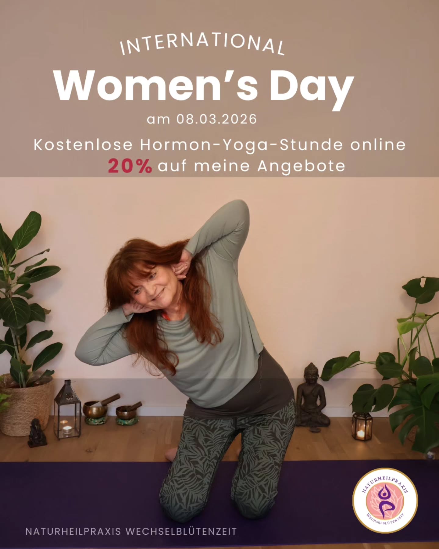 💖 Einladung zum Internationalen Frauentag 💖
Am 08.03.2026 feiern wir den Internationalen Frauentag, einen Tag, an dem wir Frauen im Mittelpunkt stehen. 👩🦰👩🦱🧑🦱
Weltweit kommen Frauen an diesem Tag zusammen, um sich zu feiern, sich zu stärken und miteinander zu verbinden. 🙌
Dieses Jahr habe ich mir etwas ganz Besonderes ausgedacht: Ich schenke euch
am Frauentag eine kostenlose Hormon-Yoga-Stunde. 🧘♀️
🗓 Wann: 08.03.2026
🕙 Uhrzeit: 10:00 bis 11:15 Uhr
💻 Wo: Online via Zoom
Anmeldung: kontakt@wechselbluetenzeit.de
Die Plätze sind begrenzt.
Und es wird noch schöner:
Bis zum 08.03.2026 erhaltet Ihr 20% Rabatt auf meine Angebote:
✨️ Hatha Yoga
✨️ Hormon Yoga
✨️ Wechseljahreberatung
✨️ Therapeutische Frauen-Massage
Alle Infos zu mir und meinen Leistungen findet Ihr auf meiner Homepage. 👉 Link in der Bio.
Liebe Frauen, lasst uns diesen besonderen Tag gemeinsam feiern, unsere Herzen öffnen und miteinander verbinden. 💞
Ich freue mich sehr auf eure Anmeldungen. 🙏
Sanfte Grüße & Namasté
Eure Rita 💜
#internationalerfrauentag #yoga #wechseljahre #frauengesundheit
#neckargemünd
