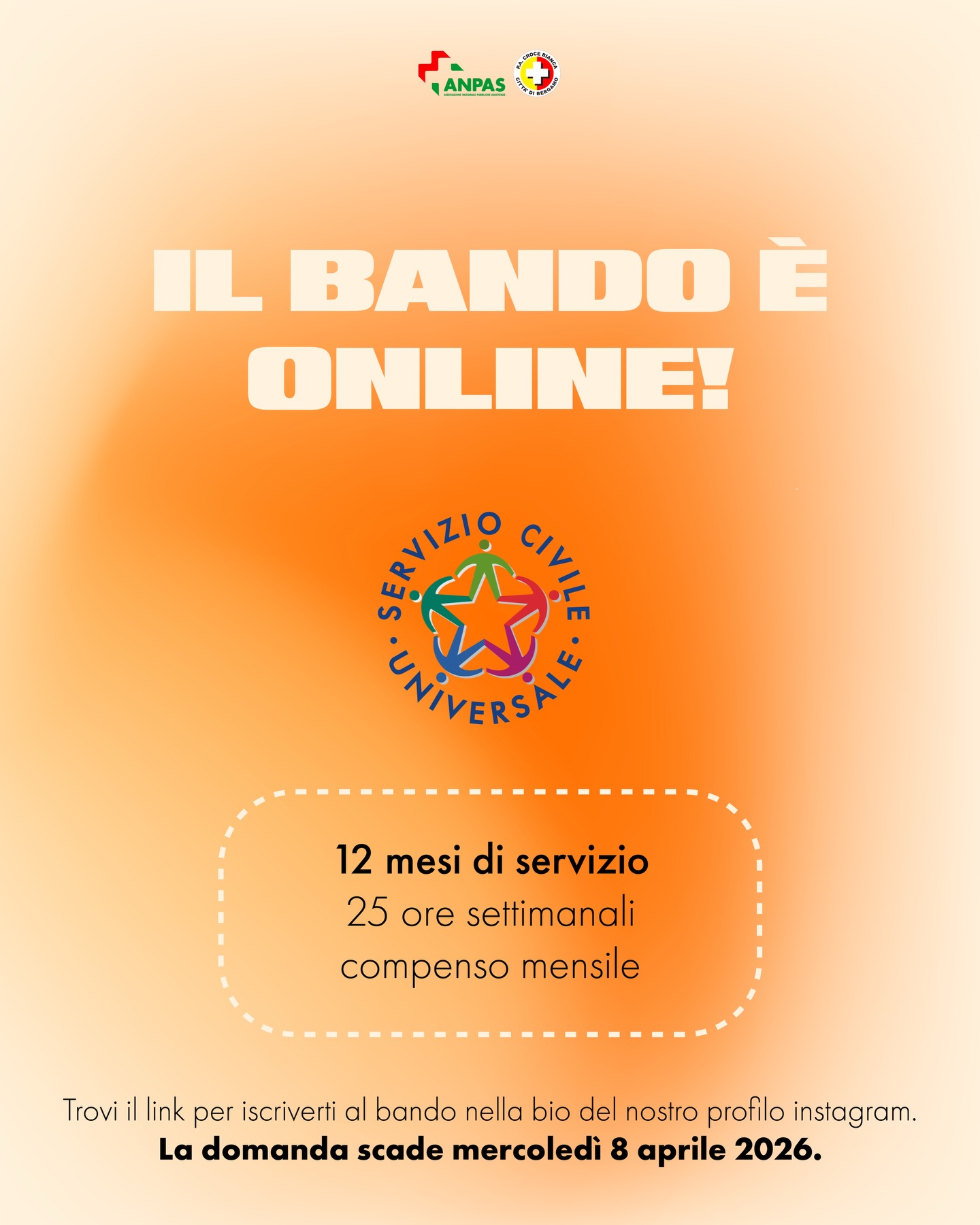 Il bando del Servizio Civile Universale è online.
Un anno per metterti in gioco con Croce Bianca Città di Bergamo, imparare sul campo e fare la differenza ogni giorno.
12 mesi, 25 ore a settimana, un compenso mensile e un’esperienza che ti cambia davvero la prospettiva.
Se vuoi fare qualcosa che conta, questo è il momento.
Trovi il link per candidarti nella bio.
#serviziocivileuniversale #crocebiancabergamo