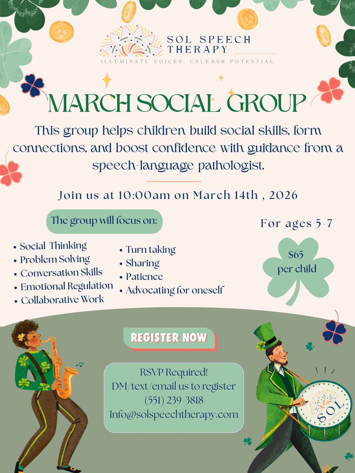 Looking for a supportive space where your child can grow socially and build confidence?
Our March Social Skills Group helps children between the ages of 5-7 strengthen their communication, form meaningful connections, and boost their self esteem all with guidance from a licensed speech language pathologist.
Spots are limited, and we’d love to have your child join us!📝🧩🎨🍀
.
.
.
.
.
.
.
#SolSpeechTherapy #SpeechTherapyNJ #BergenCounty #SocialSkillsTherapy #SpeechLanguagePathology