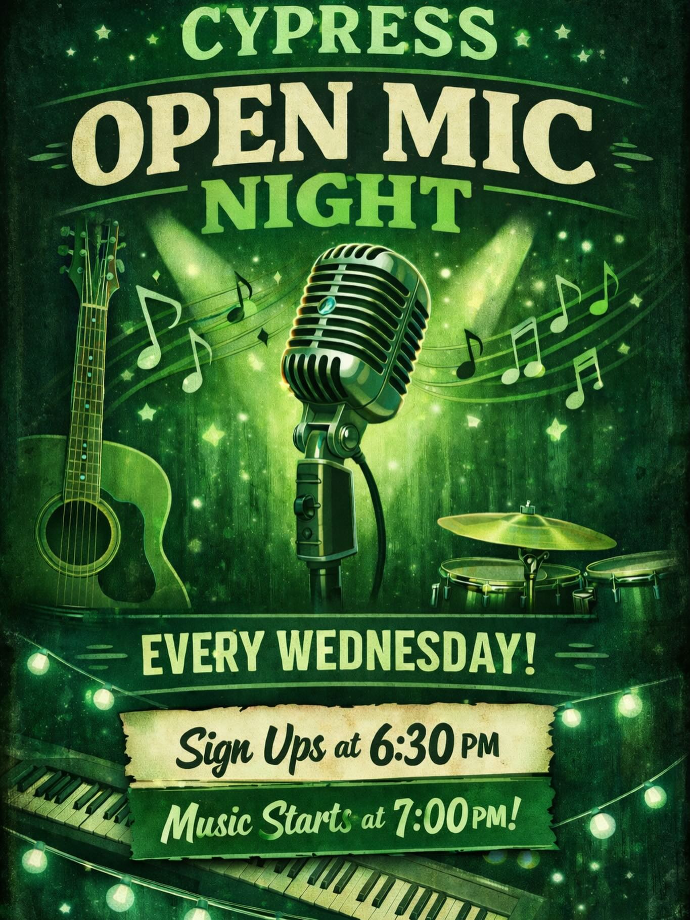 Join us tonight for the best open mic in town! Sign ups start at 6:30, music starts at 7! @open_mic_at_cypress