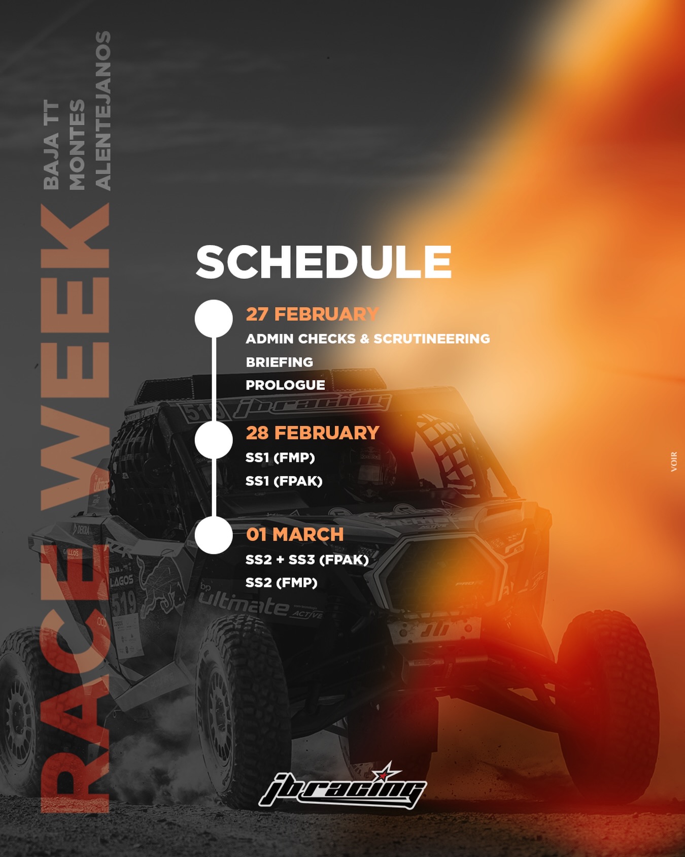 Round 1/7
🏁 BAJA TT Montes Alentejanos
📍 Beja | Feb 27 – Mar 1
#jbracing #jbfactory #fmp #fpak