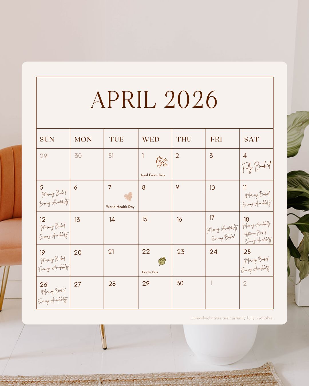 April is taking shape — and there’s still room 🌸
Here’s what’s currently available at Citrine 48 for April 2026. From spring showers to intimate gatherings and creative workshops, there are still a few dates with flexibility — especially on weekdays.
Our morning availability is beginning to fill up, but we still have select evening openings if you’re hoping to host something beautiful this spring.
Take a look at what’s open and let’s find the perfect fit for you 🤍