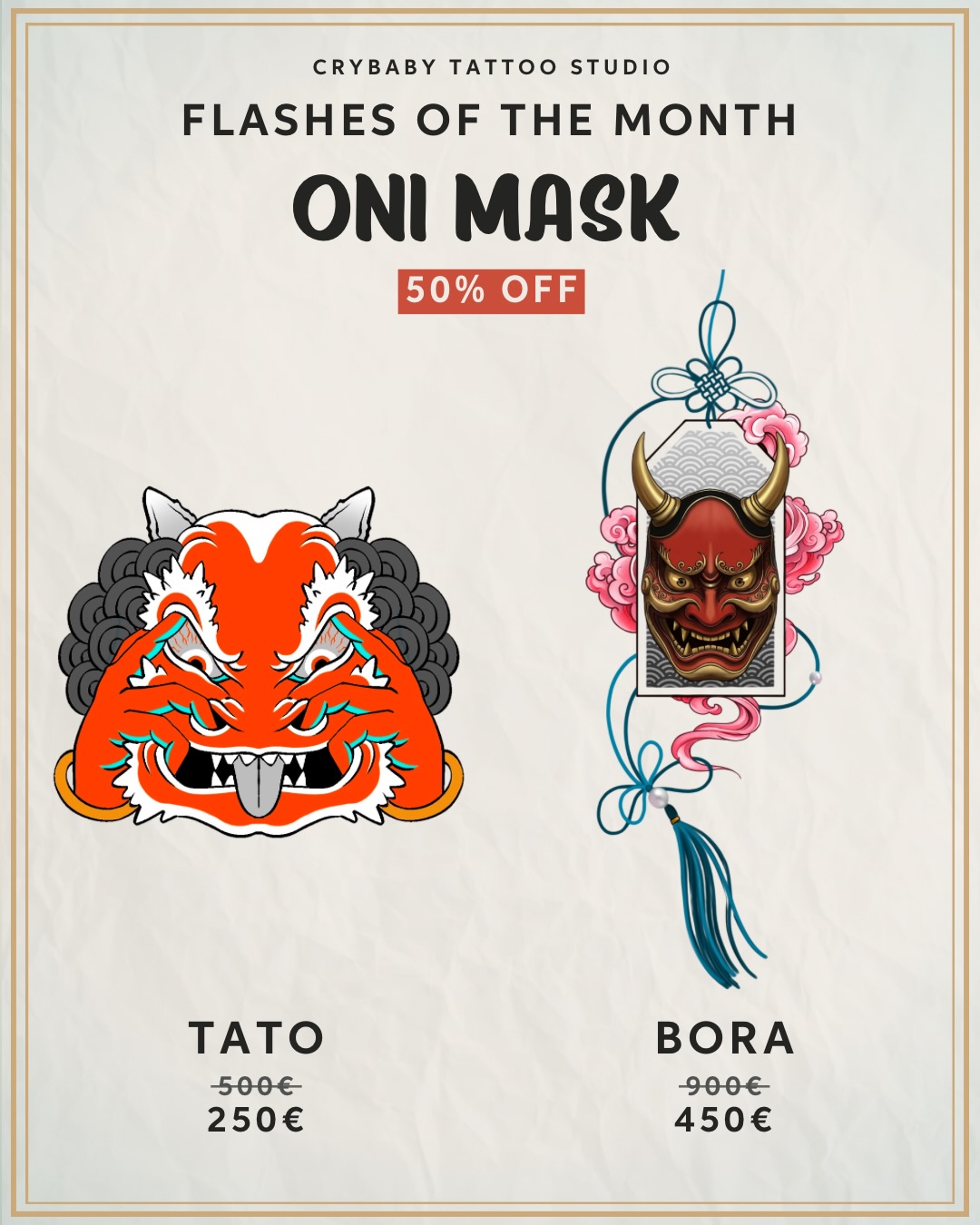 ✽ Flashes of the Month ✽
Oni Mask
Our “Flashes of the Month” are here, and we’re thrilled to unveil the oni mask-inspired designs, chosen by you guys!
Our artists have crafted beautiful flashes for a special fixed 50% OFF price, that are ready to become a part of your story — swipe through to see the full designs and examples of how they could look on your skin ✨
Comment below which design is your favorite 🖊️
Don’t miss out on these designs — book your favorite flash now via
info@crybabyffm.com 📅
#CrybabyTattooStudio #FlashesOfTheMonth #MarchEdition #onimask #onimasktattoo tattooflash tattooflashes tattoodesigns
tattoo tattoofrankfurt tattoogermany