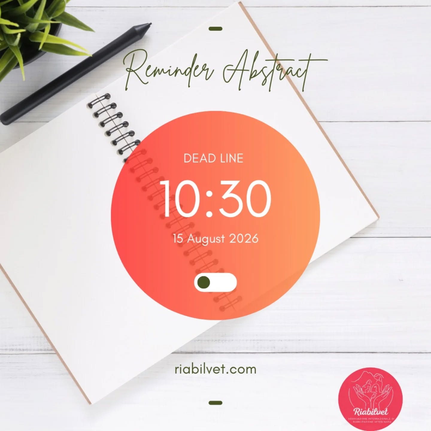 📢 CALL FOR ABSTRACTS
Poster Scientifici – RIABILVET 2026
Il III Simposio Internazionale di Riabilitazione Veterinaria – RIABILVET 2026 invita ricercatori, medici veterinari, specializzandi, dottorandi e studenti a presentare i propri lavori scientifici durante il congresso.
La sessione poster rappresenta uno dei momenti più importanti dell’incontro scientifico, offrendo uno spazio di confronto tra ricerca, clinica e innovazione nella medicina veterinaria.
🔬 Perché presentare il tuo lavoro?
Partecipare alla sessione poster significa:
• Presentare la propria ricerca a una comunità scientifica internazionale
• Condividere casi clinici innovativi e protocolli terapeutici
• Discutere direttamente con specialisti di riabilitazione, neurologia, oncologia, anestesia e medicina integrativa
• Ampliare il proprio network accademico e professionale
🩺 Aree tematiche
Sono benvenuti contributi nelle seguenti aree:
• Riabilitazione e fisioterapia veterinaria
• Neurologia clinica e neuro-riabilitazione
• Ortopedia e recupero funzionale
• Medicina del dolore e cure palliative
• Oncologia e supporto riabilitativo
• Agopuntura e medicina integrativa
• Terapie fisiche e tecnologie riabilitative
• Medicina multimodale nel paziente cronico
• Case report e studi clinici
🏆 Premio Miglior Poster
Una commissione scientifica internazionale selezionerà il Miglior Poster del Congresso.
Il lavoro vincitore riceverà:
🏅 Premio RIABILVET Best Scientific Poster
🎓 Riconoscimento ufficiale durante la cerimonia finale del simposio
🌍 Un congresso multidisciplinare
RIABILVET 2026 riunirà professionisti provenienti da diverse discipline della medicina veterinaria:
• fisiatri
• neurologi
• ortopedici
• oncologi
• anestesisti
• agopuntori
• specialisti in cure palliative
Un evento scientifico che promuove l’approccio multimodale alla riabilitazione veterinaria.
📍 III RIABILVET International Symposium
📅 30 ottobre – 2 novembre 2026
📍 Roma – Italia
📢 Le linee guida per la sottomissione degli abstract saranno pubblicate a breve.
Preparati a condividere la tua ricerca con la comunità scientifica internazionale.
📩 Sottomissioni e informazioni
🌐 info@riabilvet.com