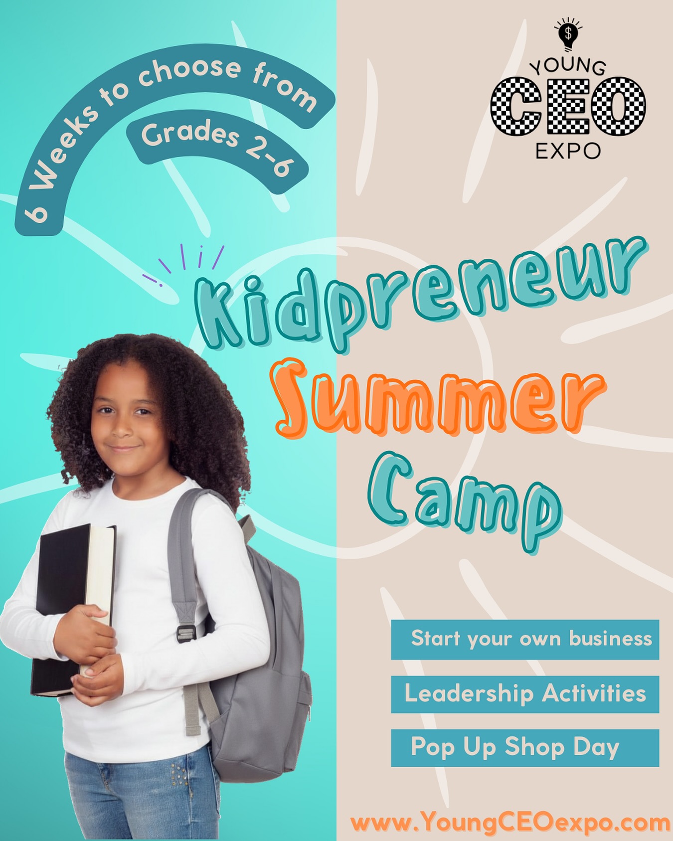Big ideas start young 💡✨
Young CEO Expo Kidpreneur Summer Camp is where Grades 2–6 turn creativity into real businesses. With 6 weeks to choose from, your child can build confidence, practice leadership, and launch their own idea from start to finish.
From brainstorming and branding to Pop Up Shop Day, this is more than camp. It is a hands on experience your kidpreneur will never forget.
Secure your week now at www.YoungCEOexpo.com 🚀